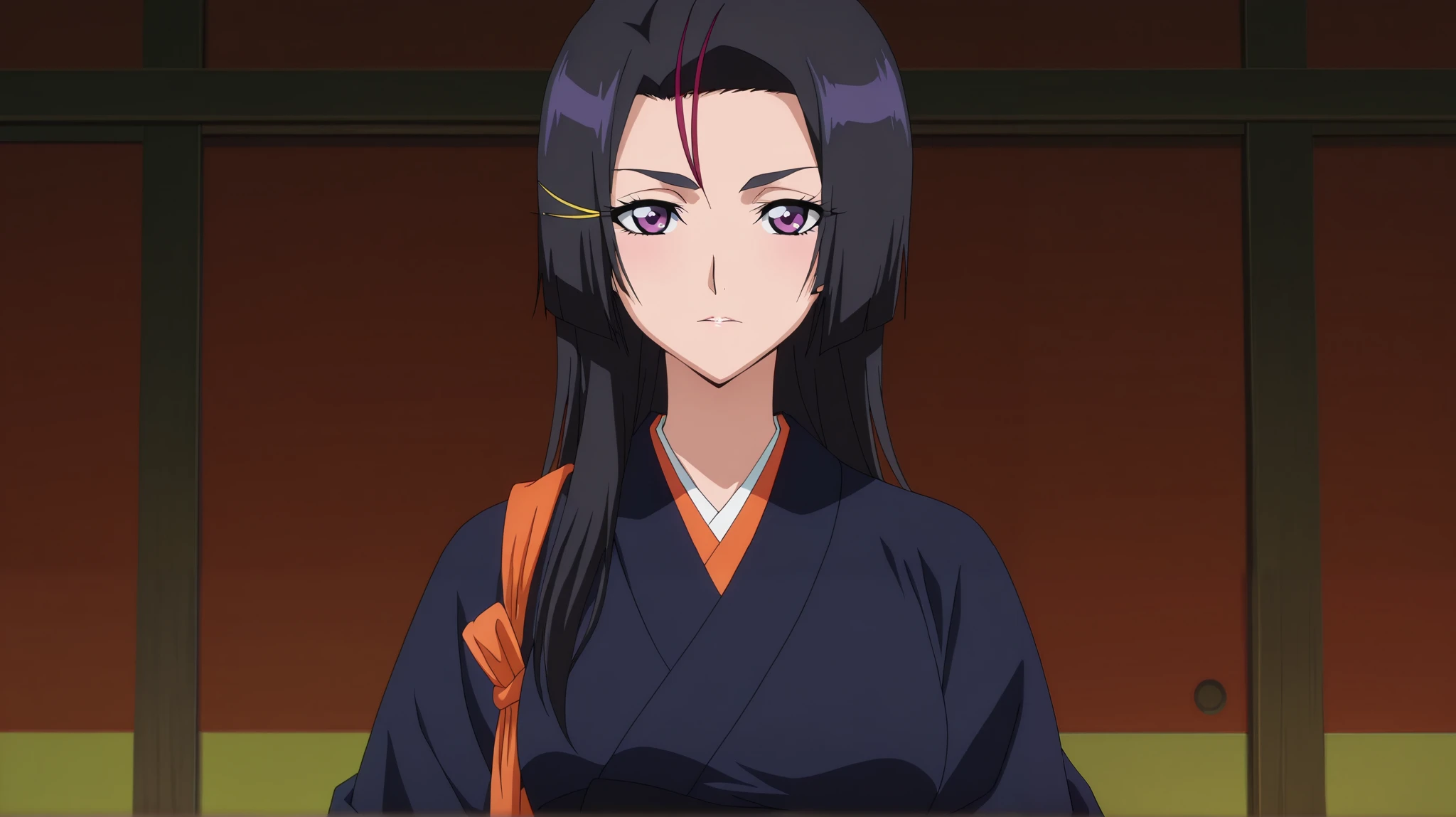 masterpiece, best quality, , anime screencap, anime coloring, official style, looking at viewer, girl, solo, female focus, female version yumichika_ayasegawa, black hair, purple eyes, (long hair), hair ornament, traditional Japanese outfit, dark blue kimono, white undergarment, ((upper body))
