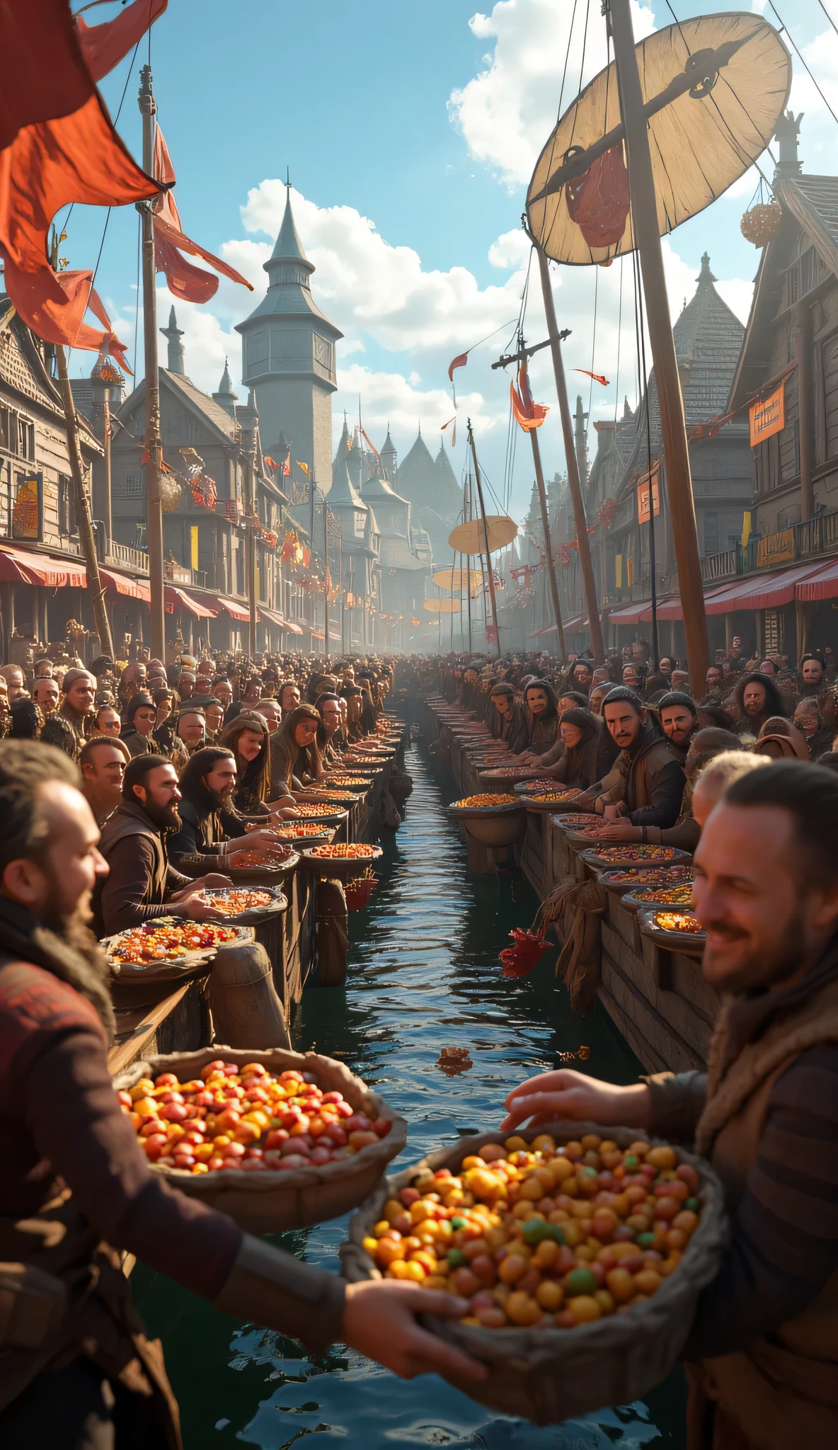 Create a highly detailed, ultra-realistic panoramic scene using Unreal Engine 5, capturing a vibrant medieval Viking port. Focus on a symmetrically balanced composition featuring several joyful Viking merchants and pirates, smiling as they engage in lively trading activities. The foreground should include realistically wooden boats intricately loaded with various goods, while the background showcases a bustling port landscape filled with activity. Use cinematic angles and leading lines to guide the viewer’s eye through the scene, ensuring a rich depth of field that emphasizes the hyper-realistic textures of the environment and characters. Incorporate mixed lighting to enhance the ambiance, and aim for a level of detail suitable for high-quality art platforms like ArtStation and DeviantArt. Additionally, ensure the accurate depiction of realistic groups of human anatomy, particularly the hands of the merchants and pirates, in this fantasy-inspired setting.