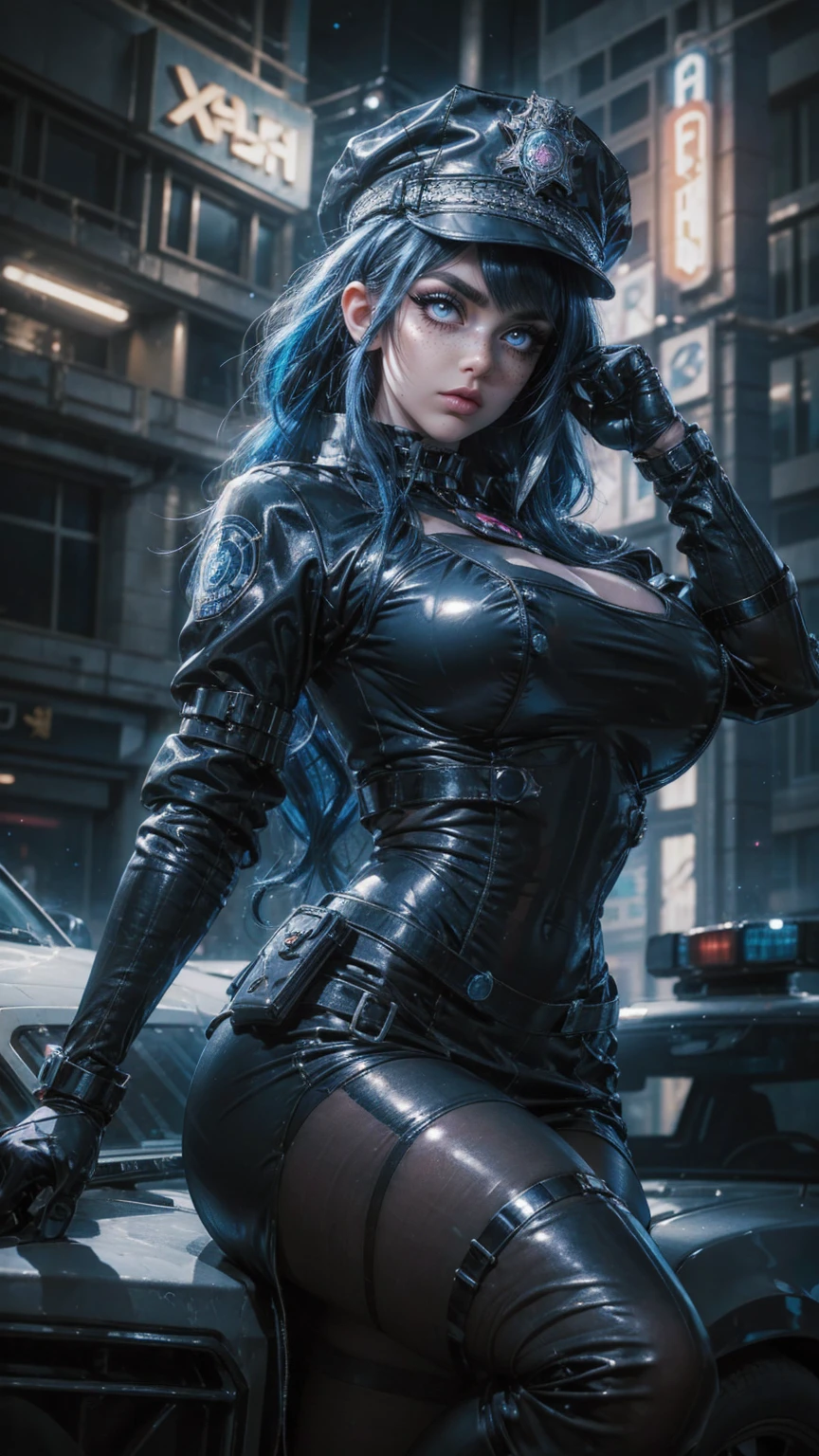 A stunning woman in a post-apocalyptic cyberpunk setting. Your fair skin glows under the neon light, Blue cybernetic eyes stand out from a chiseled face with strong features. Cabelos curto liso adornados com LEDs piscantes. Ela veste um traje futurista preto e prata, with circuits and metallic armatures, adjusted to the athletic body, She's on a futuristic street, surrounded by crumbling skyscrapers, faded holographic signs, colorful neons and sparks from electrical wires. Metallic plates and urban debris punctuate the scene. The sky in shades of artificial purple and blue contrasts with the deep shadows of the streets.
