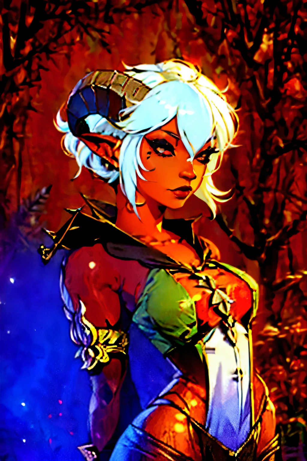 Solo, female, ((ram horns)), ((red skin)), ((medium breasts)), (adventurer clothing), ((fantasy tavern)), (lipstick, eyeliner, eyelashes, mature female), white hair, ((petite body)), ((dark forest))
