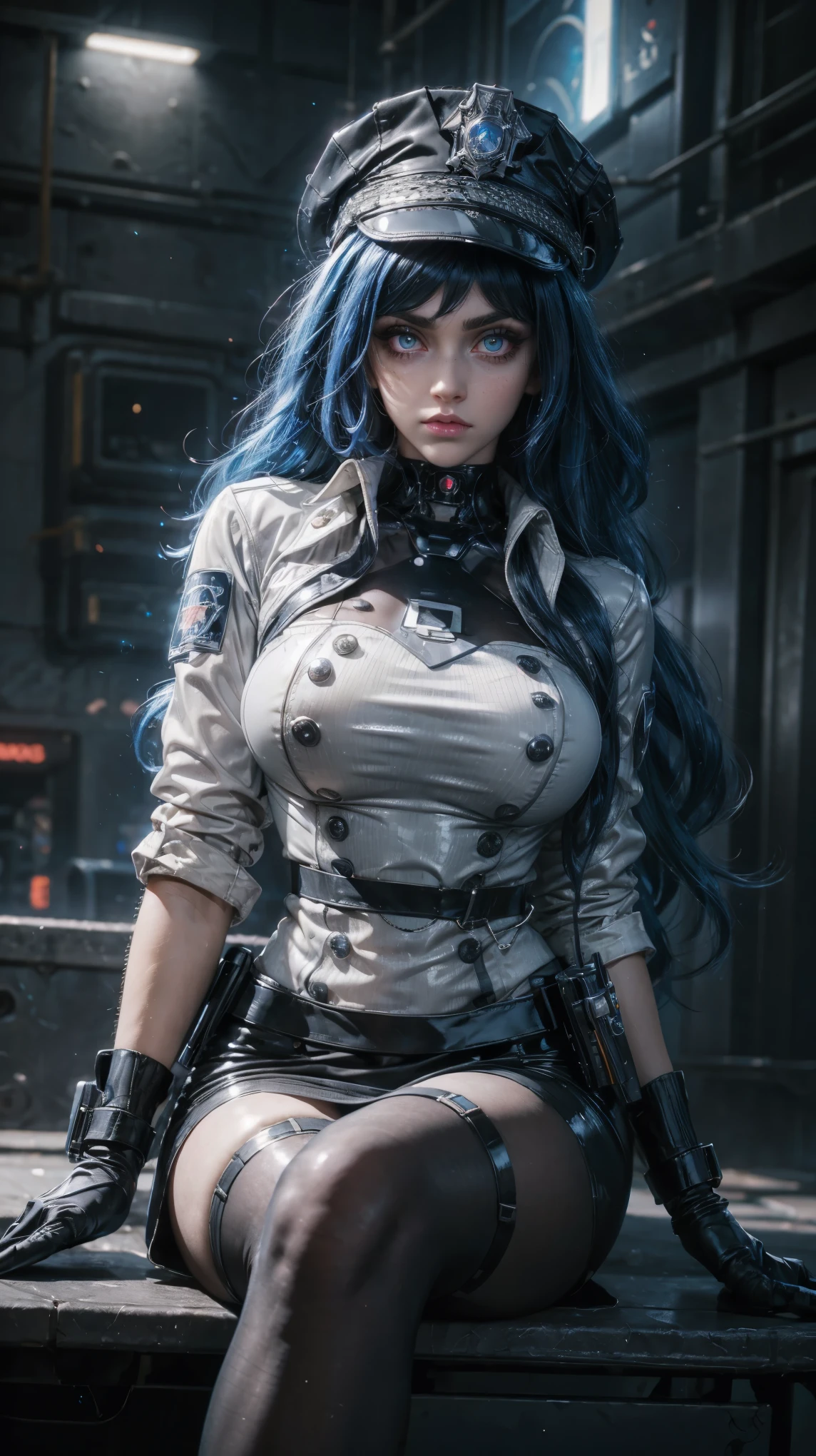 feet from the bottom, Forced perspective, VERY CLOSE, portrait of the face, raw, Young Girl, pale skin, Cyber Police, short jacket blue with black, long wavy hair , formal hairstyle, big eyes cristalinos, shiny Hazel eyes, cyberpunk police armor, with blue hair with white highlights {x} she is dressed as a cyberpunk police, hyperrealistic skin texture, has hip cuffs, police hat , shiny hazel eyes, Pose 3/4, pose shooting her magnum pistol, neckline , shiny eyeliner, (make-up: 1.1), ( big eyes: 1.5), ( big breasts: 1.2), (Constriction: 1.2), dynamic pose, Sexy police, curved body, thin, (top quality, masterpiece, absurd: 1.3), Futuristic metropolis, neon lights, Reflected light, high illumination, ( light particles: 1.3), ultra detailed, blurred background,