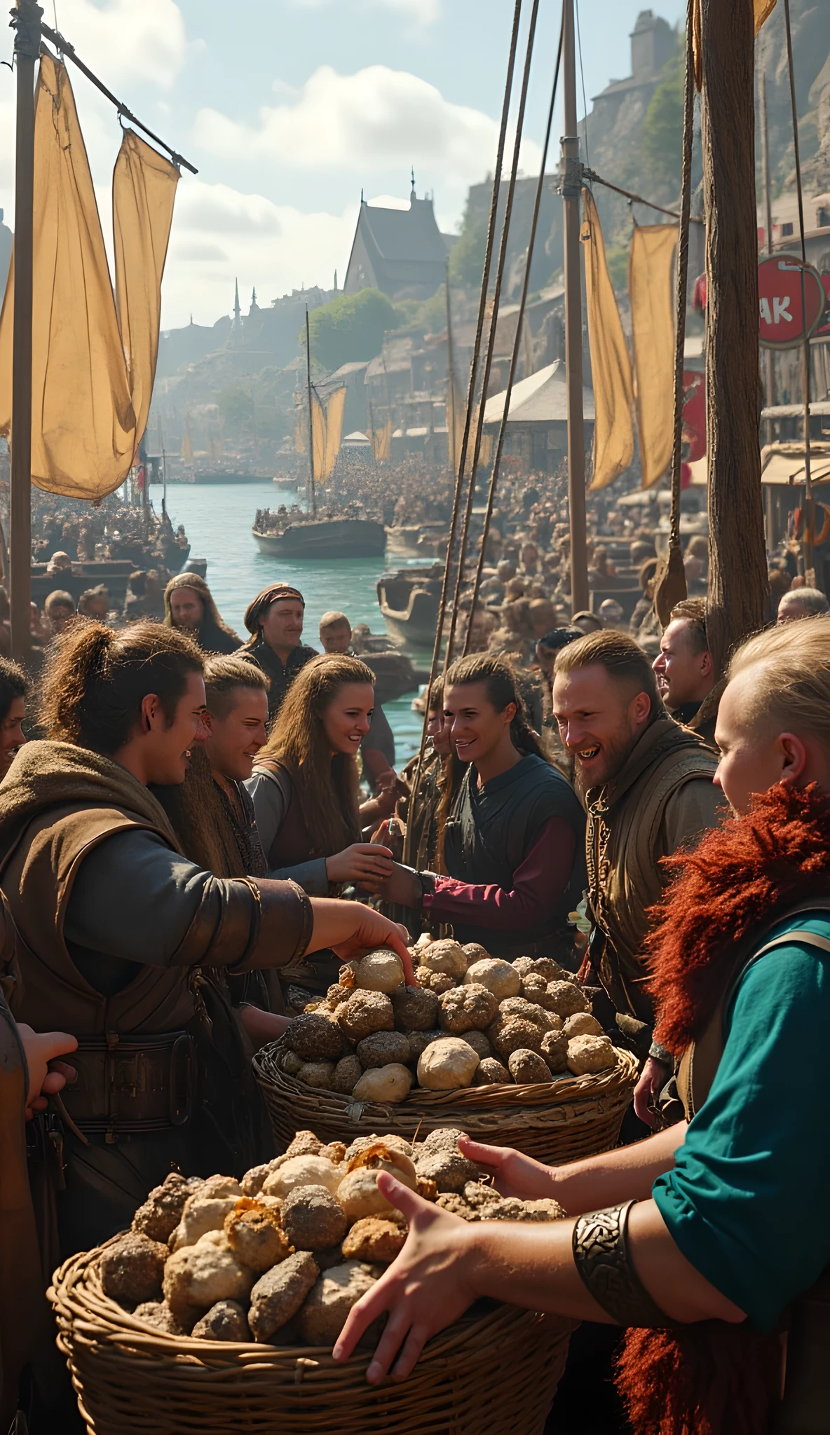 Create a highly detailed, ultra-realistic panoramic scene using Unreal Engine 5, capturing a vibrant medieval Viking port. Focus on a symmetrically balanced composition featuring several joyful Viking merchants and pirates, smiling as they engage in lively trading activities. The foreground should include lifelike wooden boats intricately loaded with various goods, while the background showcases a bustling port landscape filled with activity. Use cinematic angles and leading lines to guide the viewer’s eye through the scene, ensuring a rich depth of field that emphasizes the hyper-realistic textures of the environment and characters. Incorporate mixed lighting to enhance the ambiance, and aim for a level of detail suitable for high-quality art platforms like ArtStation and DeviantArt. Additionally, ensure the accurate depiction of realistic human anatomy, particularly the hands of the merchants and pirates, in this fantasy-inspired setting.