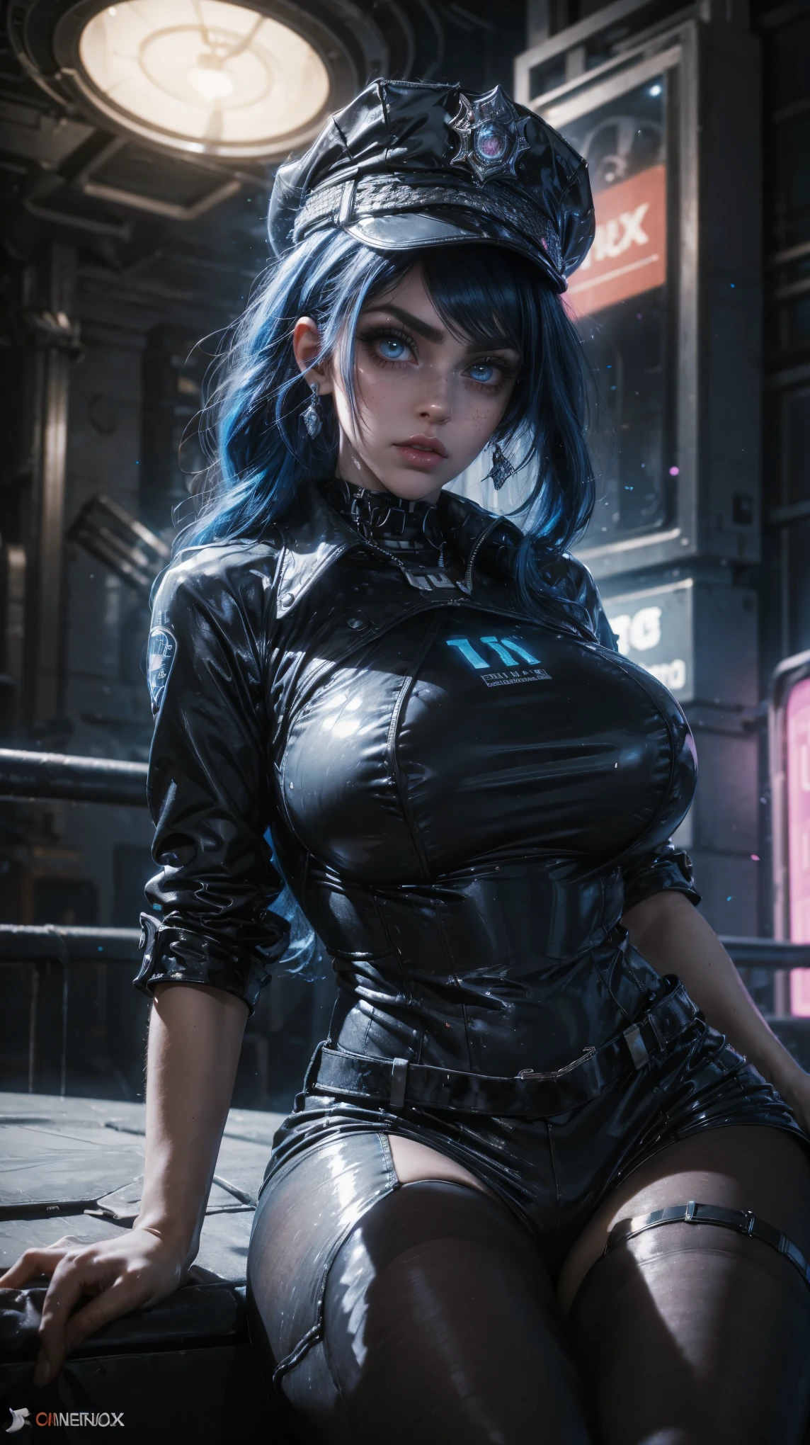 feet from the bottom, Forced perspective, VERY CLOSE, portrait of the face, raw, Young Girl, pale skin, on his back, Cyber Police, short jacket blue with black, long wavy hair , formal hairstyle, big eyes cristalinos, shiny Hazel eyes, cyberpunk police armor, with blue hair with white highlights {x} she is dressed as a cyberpunk police, hyperrealistic skin texture, has hip cuffs, police hat , shiny hazel eyes, Pose 3/4, pose shooting her magnum pistol, neckline , shiny eyeliner, (make-up: 1.1), ( big eyes: 1.5), ( big breasts: 1.2), (Constriction: 1.2), dynamic pose, Sexy police, curved body, thin, (top quality, masterpiece, absurd: 1.3), Futuristic metropolis, neon lights, Reflected light, high illumination, ( light particles: 1.3), ultra detailed, blurred background,