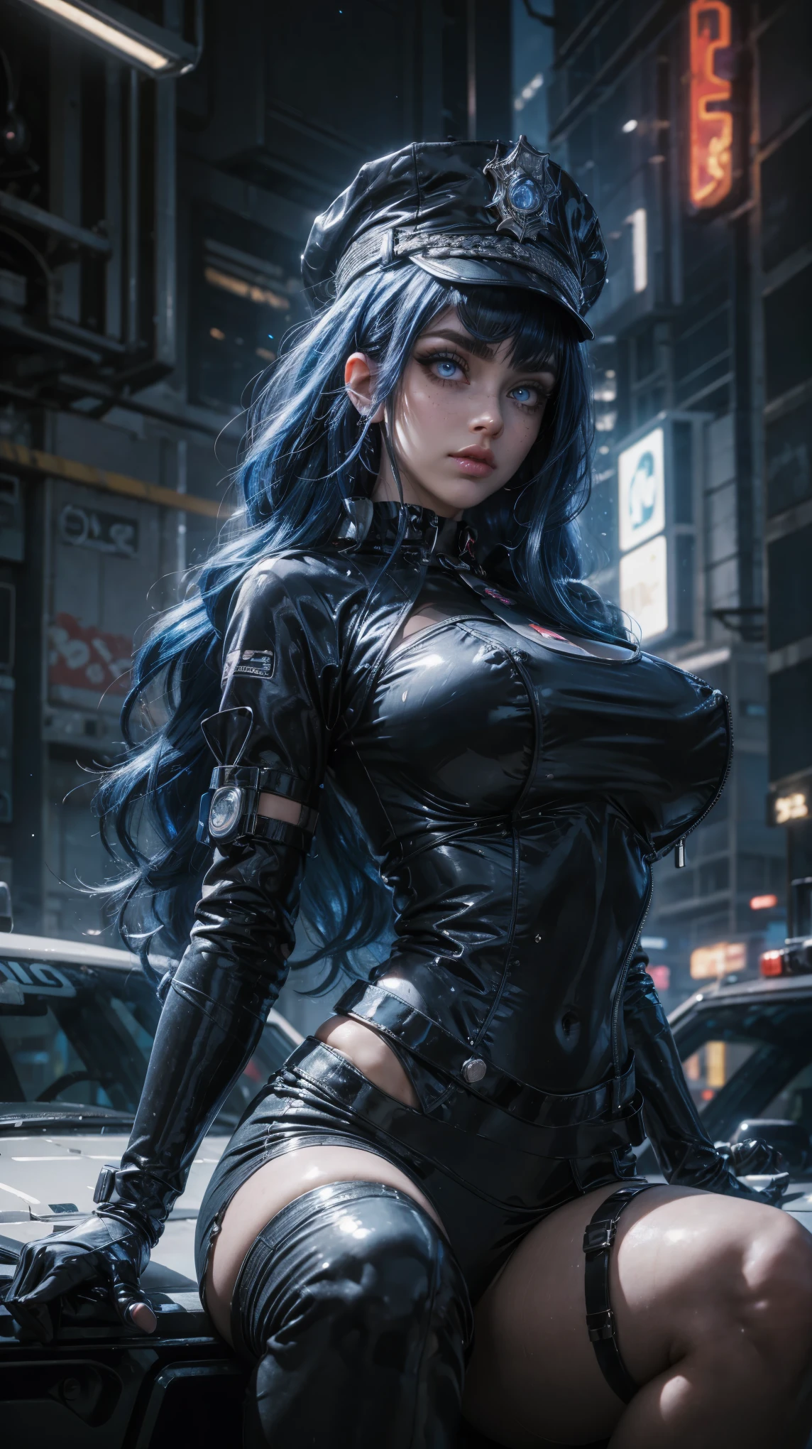 feet from the bottom, Forced perspective, VERY CLOSE, portrait of the face, raw, Young Girl, pale skin, Cyber Police, short jacket blue with black, long wavy hair , formal hairstyle, big eyes cristalinos, shiny Hazel eyes, cyberpunk police armor, with blue hair with white highlights {x} she is dressed as a cyberpunk police, hyperrealistic skin texture, has hip cuffs, police hat , shiny hazel eyes, Pose 3/4, pose shooting her magnum pistol, neckline , shiny eyeliner, (make-up: 1.1), ( big eyes: 1.5), ( big breasts: 1.2), (Constriction: 1.2), dynamic pose, Sexy police, curved body, thin, (top quality, masterpiece, absurd: 1.3), Futuristic metropolis, neon lights, Reflected light, high illumination, ( light particles: 1.3), ultra detailed, blurred background,