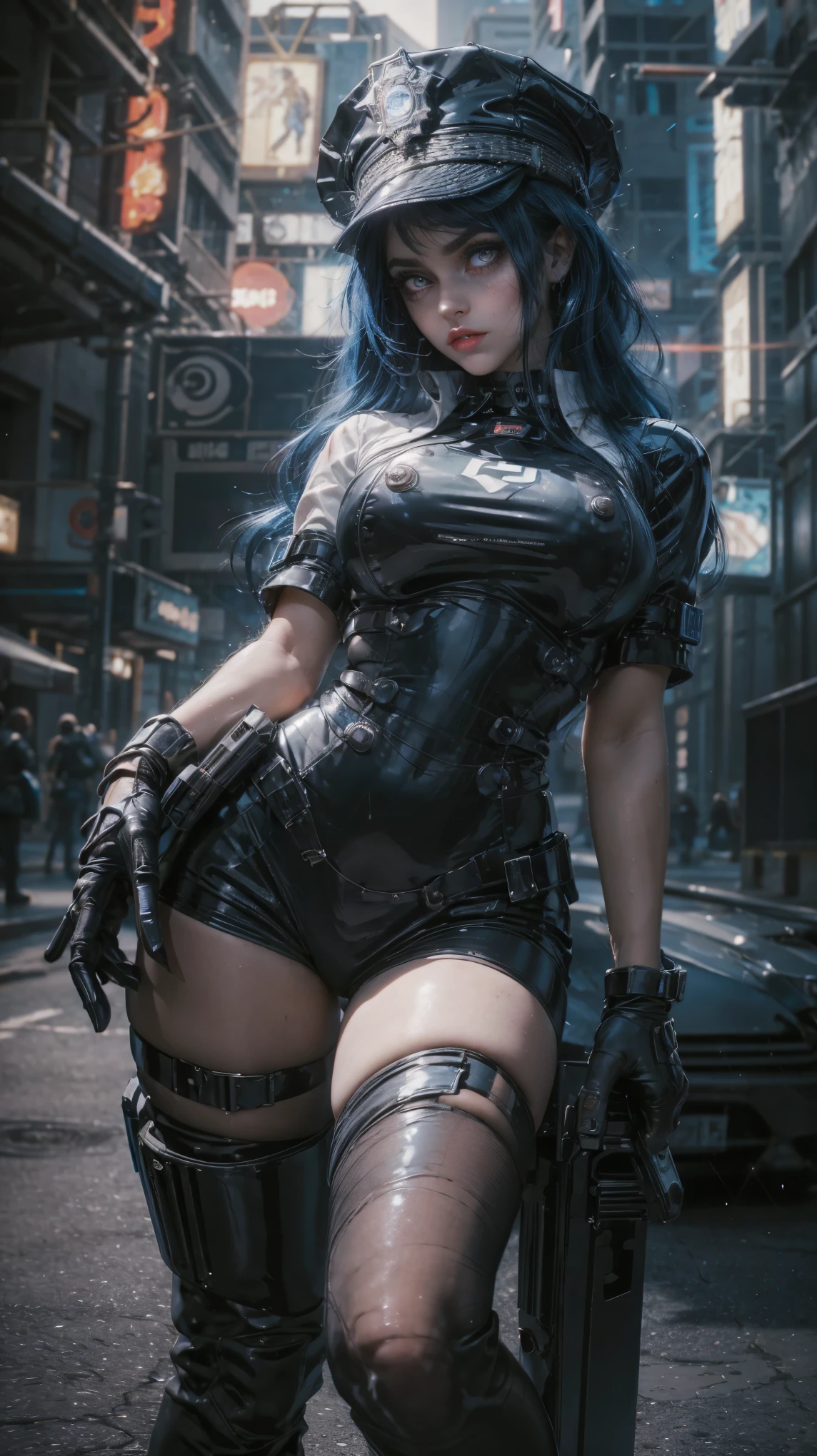 feet from the bottom, Forced perspective, VERY CLOSE, portrait of the face, raw, Young Girl, pale skin, Cyber Police, short jacket blue with black, long wavy hair , formal hairstyle, big eyes cristalinos, shiny Hazel eyes, cyberpunk police armor, with blue hair with white highlights {x} she is dressed as a cyberpunk police, hyperrealistic skin texture, has hip cuffs, police hat , shiny hazel eyes, Pose 3/4, pose shooting her magnum pistol, neckline , shiny eyeliner, (make-up: 1.1), ( big eyes: 1.5), ( big breasts: 1.2), (Constriction: 1.2), dynamic pose, Sexy police, curved body, thin, (top quality, masterpiece, absurd: 1.3), Futuristic metropolis, neon lights, Reflected light, high illumination, ( light particles: 1.3), ultra detailed, blurred background,