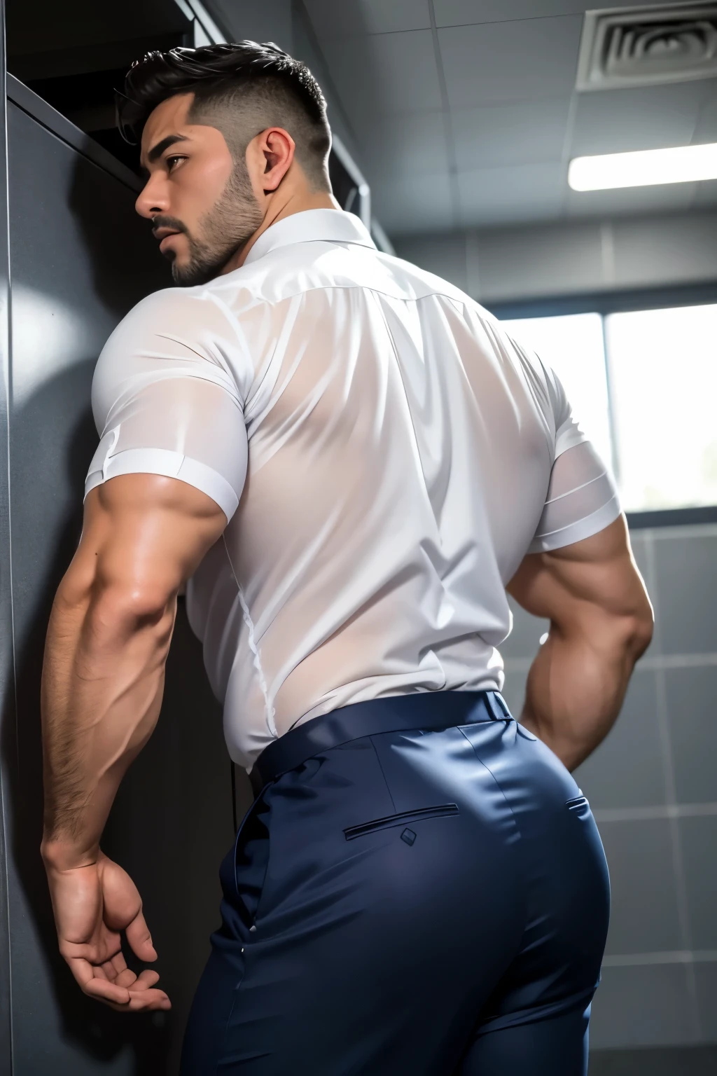 40-year-old boy Japanese muscular male in transparent white formal shirt......... short haired, bearded, wearing navy dark blue shiny trouser ...........gooning seductive expression.................... dripping on body and pants...................., arching back............... looking back to the camera. [[ huge big unrealistic butt,]] muscular thigh....................focus on butt............low angle camera looking up at body....[[full body image]] ....... in gym locker room........

