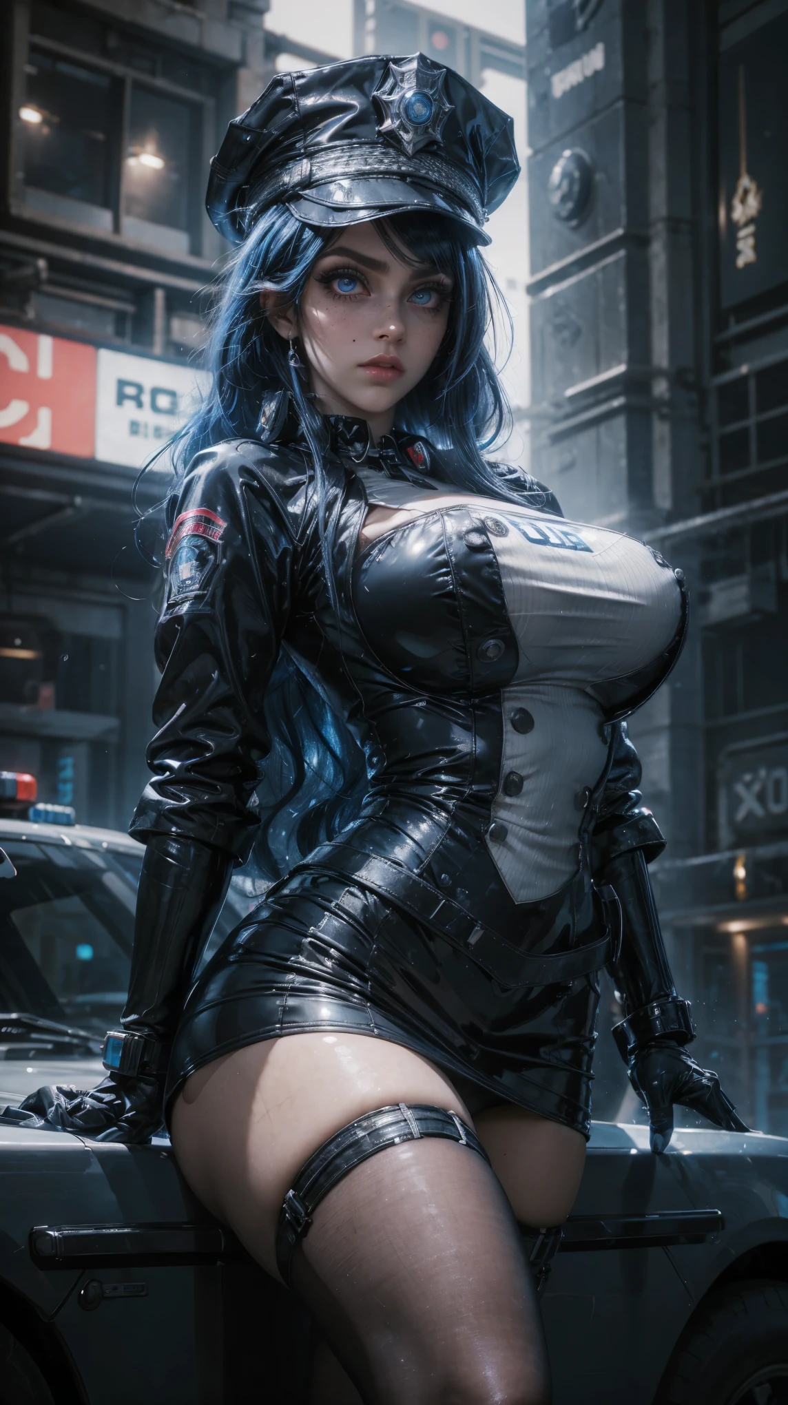 feet from the bottom, Forced perspective, VERY CLOSE, portrait of the face, raw, Young Girl, pale skin, Cyber Police, short jacket blue with black, long wavy hair , formal hairstyle, big eyes cristalinos, shiny Hazel eyes, cyberpunk police armor, with blue hair with white highlights {x} she is dressed as a cyberpunk police, hyperrealistic skin texture, has hip cuffs, police hat , shiny hazel eyes, Pose 3/4, pose shooting her magnum pistol, neckline , shiny eyeliner, (make-up: 1.1), ( big eyes: 1.5), ( big breasts: 1.2), (Constriction: 1.2), dynamic pose, Sexy police, curved body, thin, (top quality, masterpiece, absurd: 1.3), Futuristic metropolis, neon lights, Reflected light, high illumination, ( light particles: 1.3), ultra detailed, blurred background,