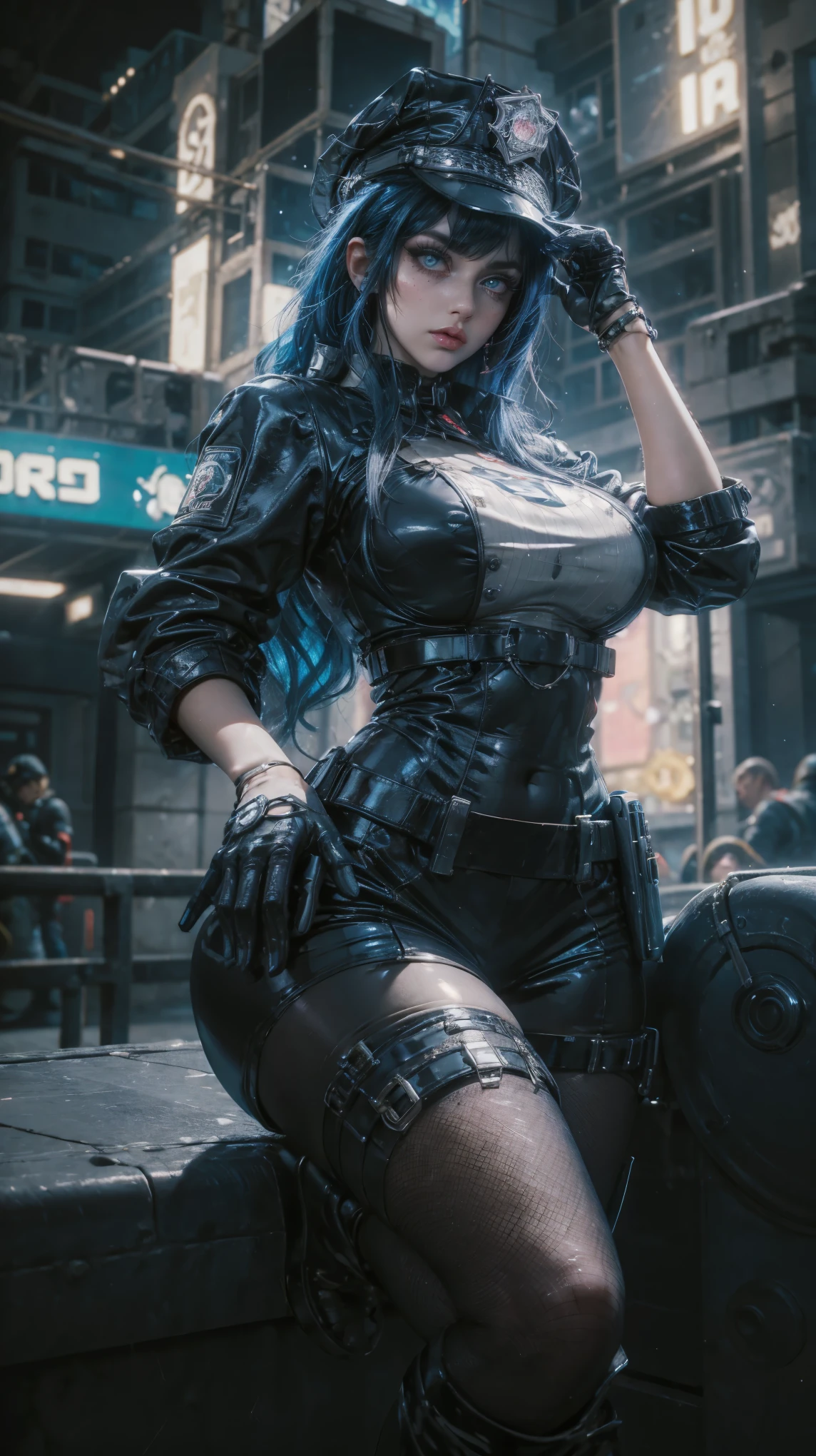 feet from the bottom, Forced perspective, VERY CLOSE, portrait of the face, raw, Young Girl, pale skin, Cyber Police, short jacket blue with black, long wavy hair , formal hairstyle, big eyes cristalinos, shiny Hazel eyes, cyberpunk police armor, with blue hair with white highlights {x} she is dressed as a cyberpunk police, hyperrealistic skin texture, has hip cuffs, police hat , shiny hazel eyes, Pose 3/4, pose shooting her magnum pistol, neckline , shiny eyeliner, (make-up: 1.1), ( big eyes: 1.5), ( big breasts: 1.2), (Constriction: 1.2), dynamic pose, Sexy police, curved body, thin, (top quality, masterpiece, absurd: 1.3), Futuristic metropolis, neon lights, Reflected light, high illumination, ( light particles: 1.3), ultra detailed, blurred background,