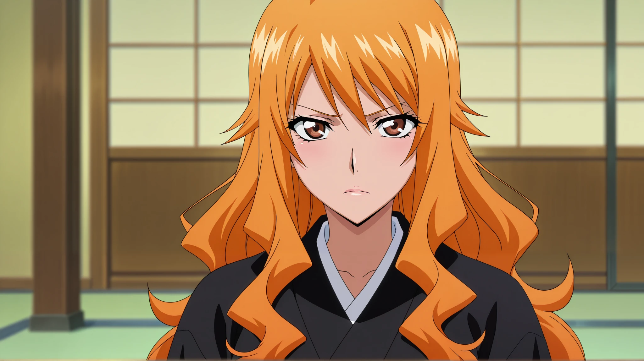 masterpiece, best quality, intricate details, anime screencap, anime coloring, official style, looking at viewer, depth of field, 1girl, solo, female focus, female version ichigo_kurosaki, orange hair, brown eyes, long hair, ((upper body)), japanese clothes, (black kimono), city street