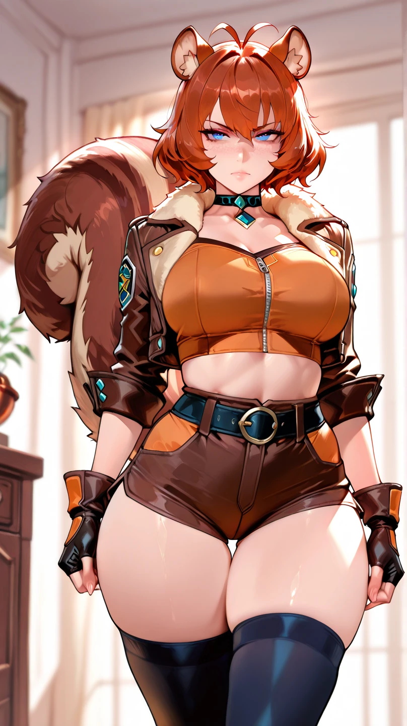 best quality,4k,8k,highres,masterpiece:1.2),ultra-detailed, extremely detailed eyes, extremely detailed body, (large masterpiece digital art), (detailed manga illustration), (detailed line art), ((perfect anatomy)), (intricate details:1.3), (ultra-detailed:1.3), (illustration:1.3), (sharp focus:1.3), (natural lighting:1.05), (vivid colors:1.3), (masterpiece), best quality, expressive eyes, perfect face, 1girl, acorn, animal ears, belt, black thighhighs, blue eyes, breasts, ((red-brown hair)), brown footwear, brown jacket, brown shirt, brown shorts, choker, crop top, cropped jacket, (freckles), fingerless gloves, (fur collar), gloves, jacket, ((large breasts)), ((plump)), short hair, short shorts, shorts, squirrel, squirrel ears, ((squirrel tail)), thick thighs, thigh gap, thighs, thighhighs, wide hips, heroic atmosphere, Beautiful woman, Atey Ghailan, Jeremy Mann, Greg Manchess, Antonio Moro, trend in ArtStation, trend in CGSociety, Intricate, High Detail, Sharp focus, dramatic and photorealistic painting art by Midjourney and Greg Rutkowski, (((dynamic pose))), (New York city in background), short antenna hair, from lower back squirrel tail, orange crop top with black undertone, revealing clothes,