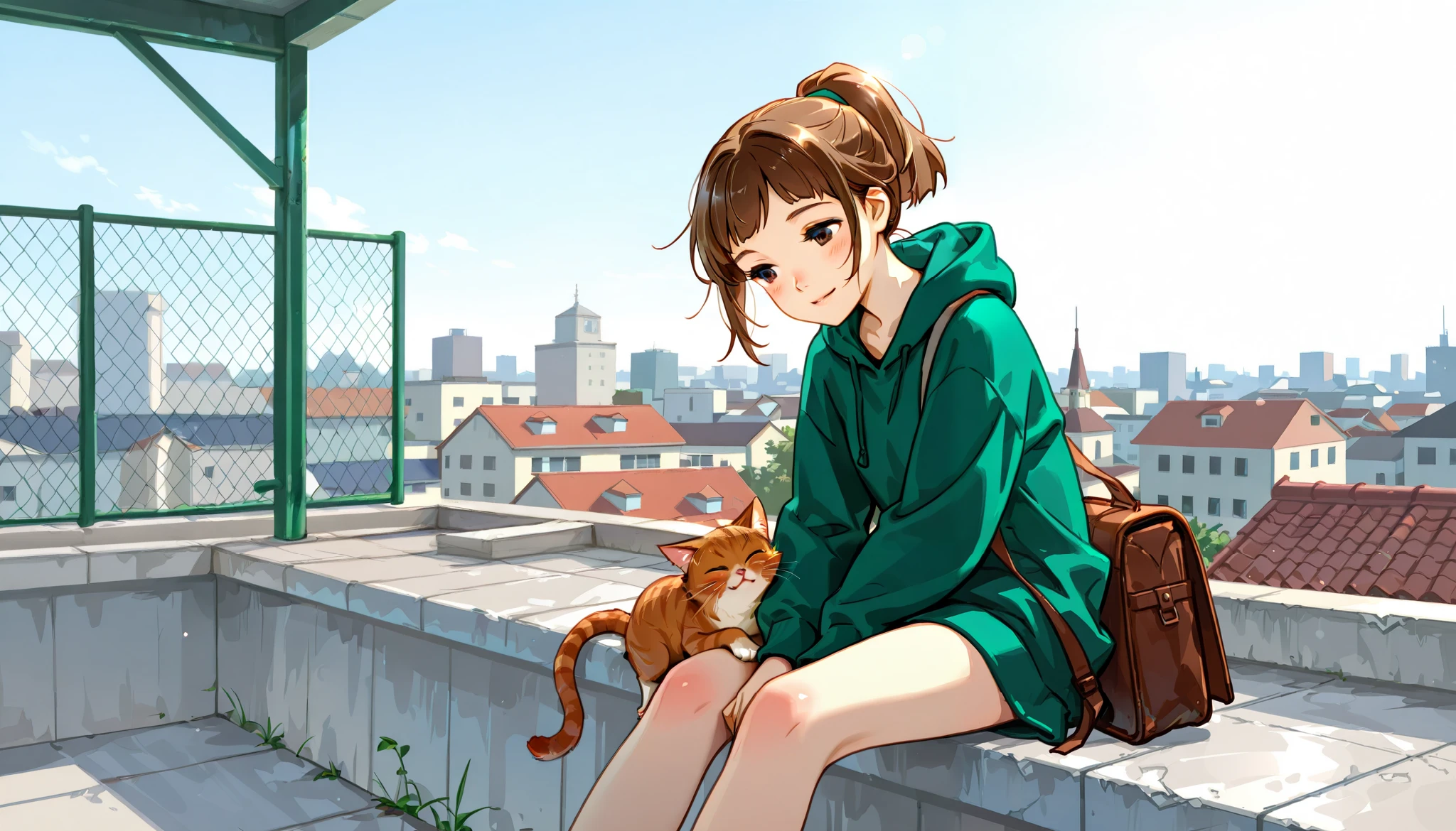 A girl is sitting on a rooftop with a cat right next to her, high quality, 4k