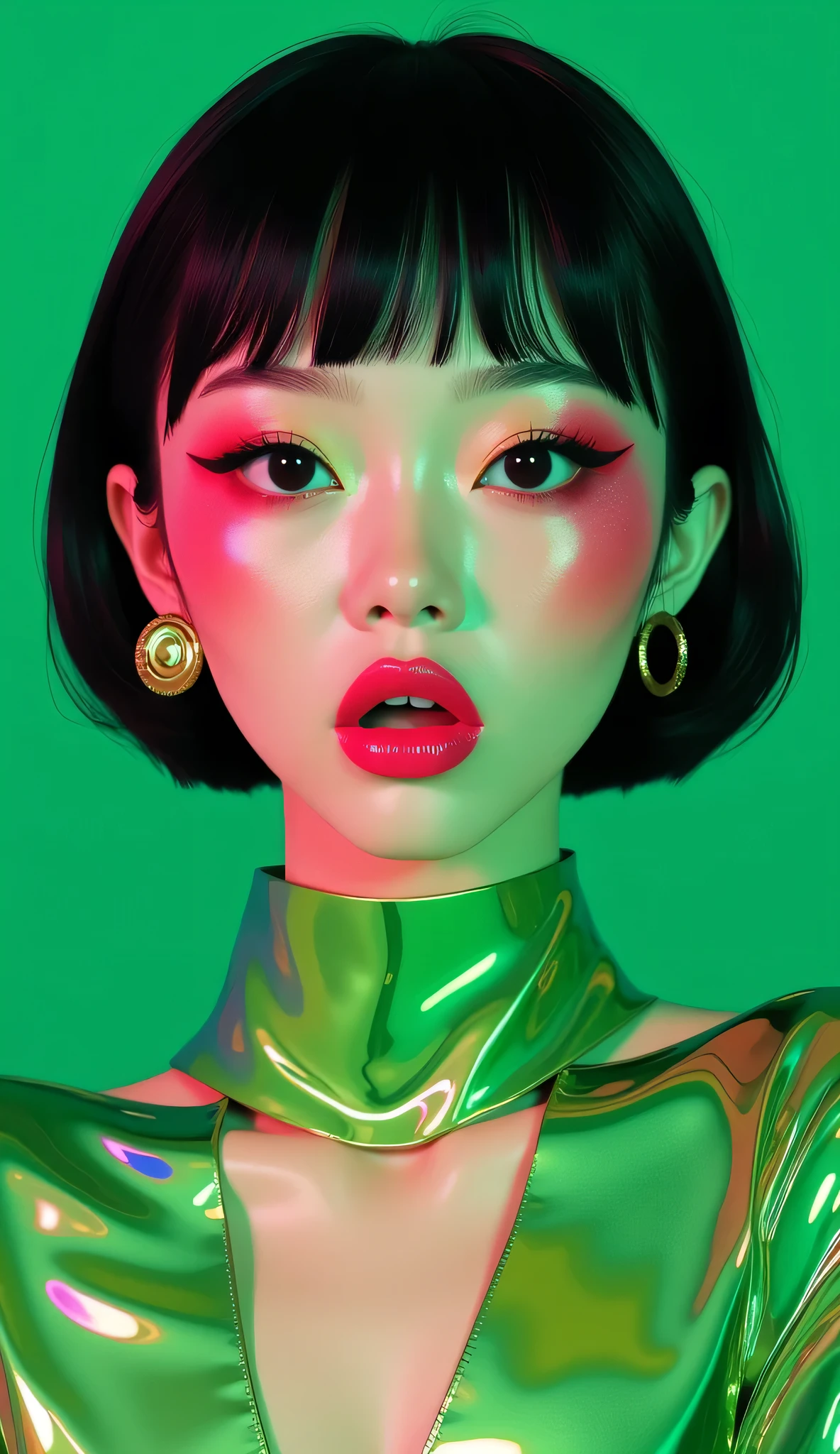 80’s glam rock makeup on shiny face, asian girl, anime, 2.5D, moody lighting, (green, pink, gold), pretty, sexy, minimal, sleek, slender, asian, elegant, futuristic, retro, sophisticated half human half machine, mouth open wide, Kizi,(eyes looking off to side), Highly detailed, Amazing work,Vitreous luster, blues, yellows, Best quality at best,shiny skin, no background, colorful background, green background, pink background, gold, background, plunging neckline, sexy pose, dynamic pose, heavy blushing, huge breasts, cleavage, full body, thigh highs,