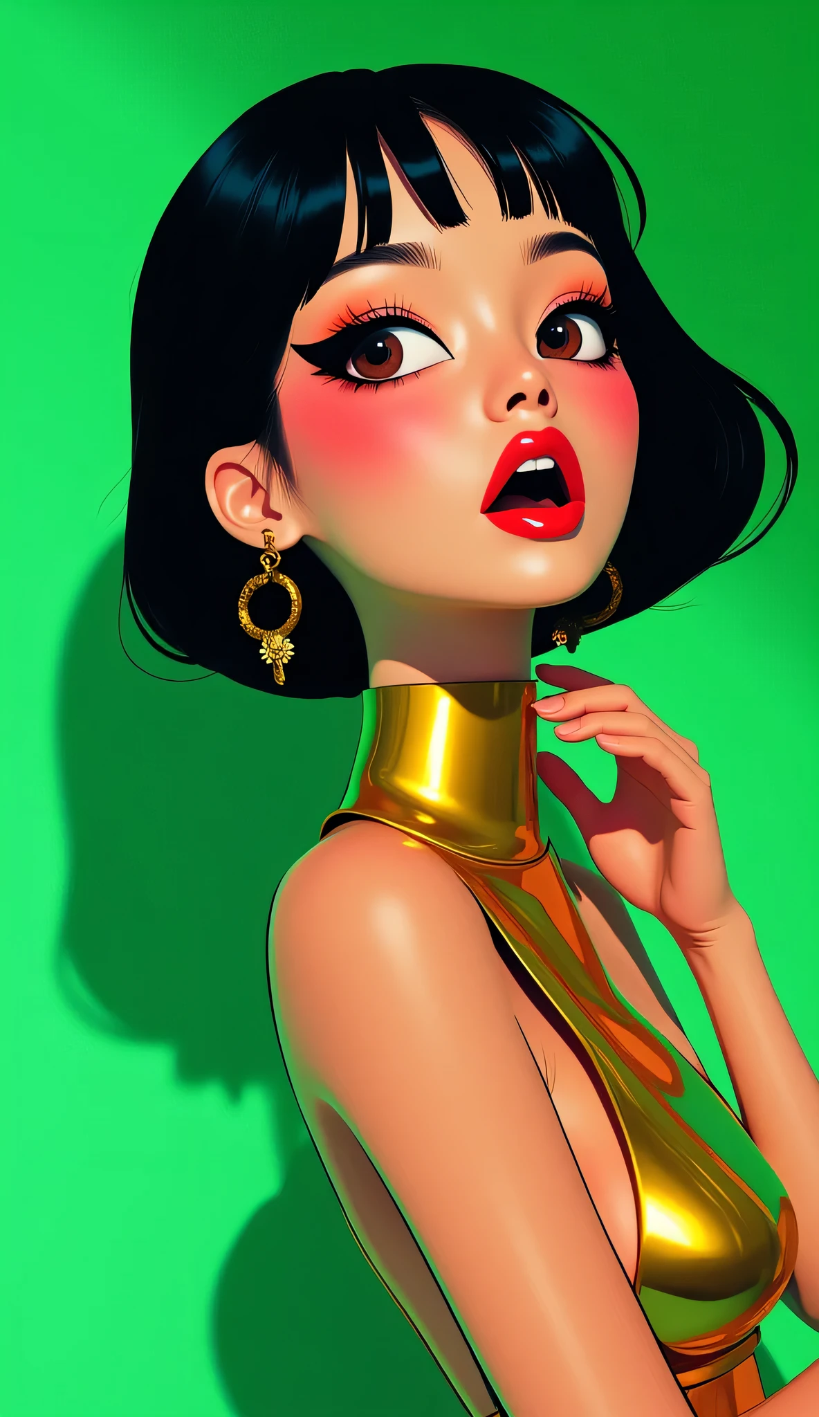 80’s glam rock makeup on shiny face, asian girl, anime, 2.5D, moody lighting, (green, pink, gold), pretty, sexy, minimal, sleek, slender, asian, elegant, futuristic, retro, sophisticated half human half machine, mouth open wide, Kizi,(eyes looking off to side), Highly detailed, Amazing work,Vitreous luster, blues, yellows, Best quality at best,shiny skin, no background, colorful background, green background, pink background, gold, background, plunging neckline, sexy pose, dynamic pose, heavy blushing, huge breasts, cleavage, full body, thigh highs,