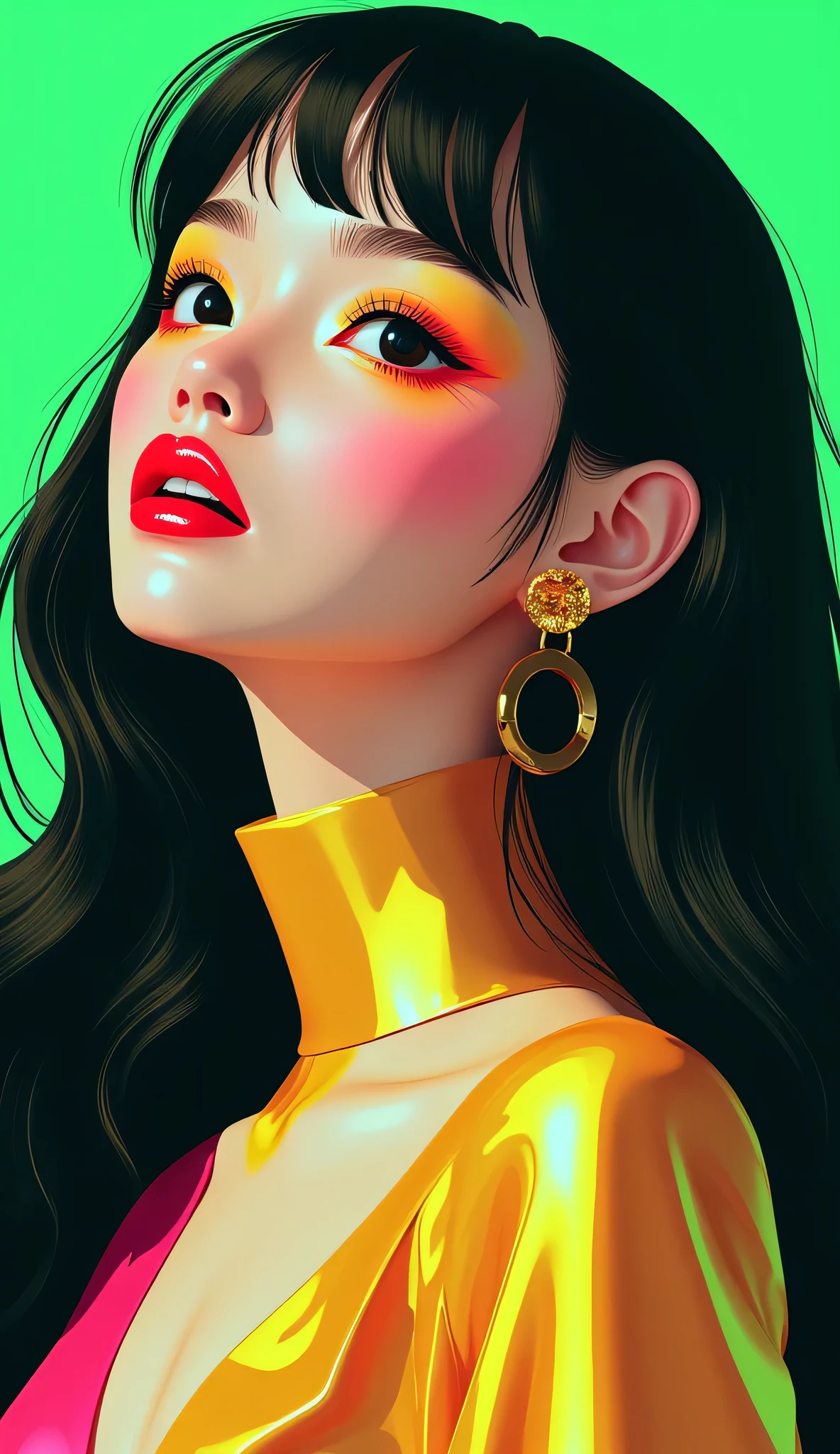 80’s glam rock makeup on shiny face, asian girl, anime, 2.5D, moody lighting, (green, pink, gold), pretty, sexy, minimal, sleek, slender, asian, elegant, futuristic, retro, sophisticated half human half machine, mouth open wide, Kizi,(eyes looking off to side), Highly detailed, Amazing work,Vitreous luster, blues, yellows, Best quality at best,shiny skin, no background, colorful background, green background, pink background, gold, background, plunging neckline, sexy pose, dynamic pose, heavy blushing, huge breasts, cleavage, full body, thigh highs,