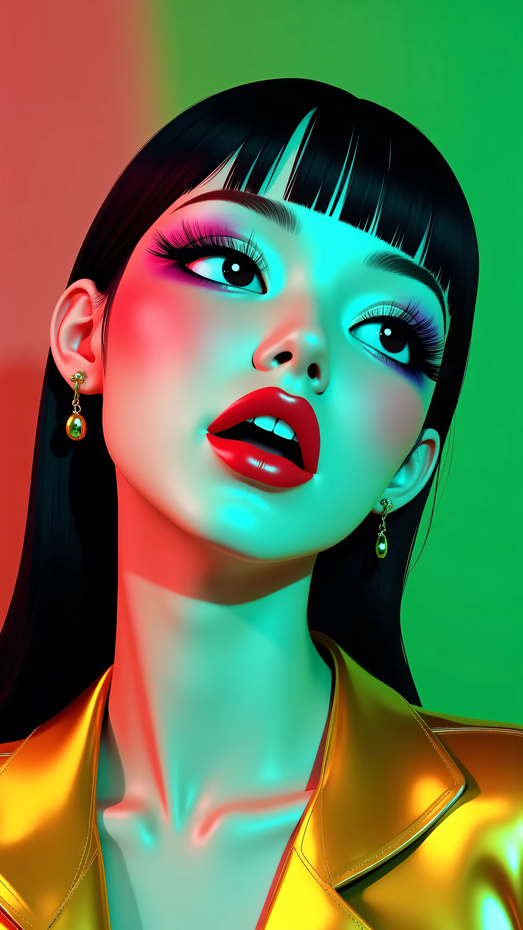 80’s glam rock makeup on shiny face, asian girl, anime, 2.5D, moody lighting, (green, pink, gold), pretty, sexy, minimal, sleek, slender, asian, elegant, futuristic, retro, sophisticated half human half machine, mouth open wide, Kizi,(eyes looking off to side), Highly detailed, Amazing work,Vitreous luster, blues, yellows, Best quality at best,shiny skin, no background, colorful background, green background, pink background, gold, background, plunging neckline, sexy pose, dynamic pose, heavy blushing, huge breasts, cleavage, full body, thigh highs,