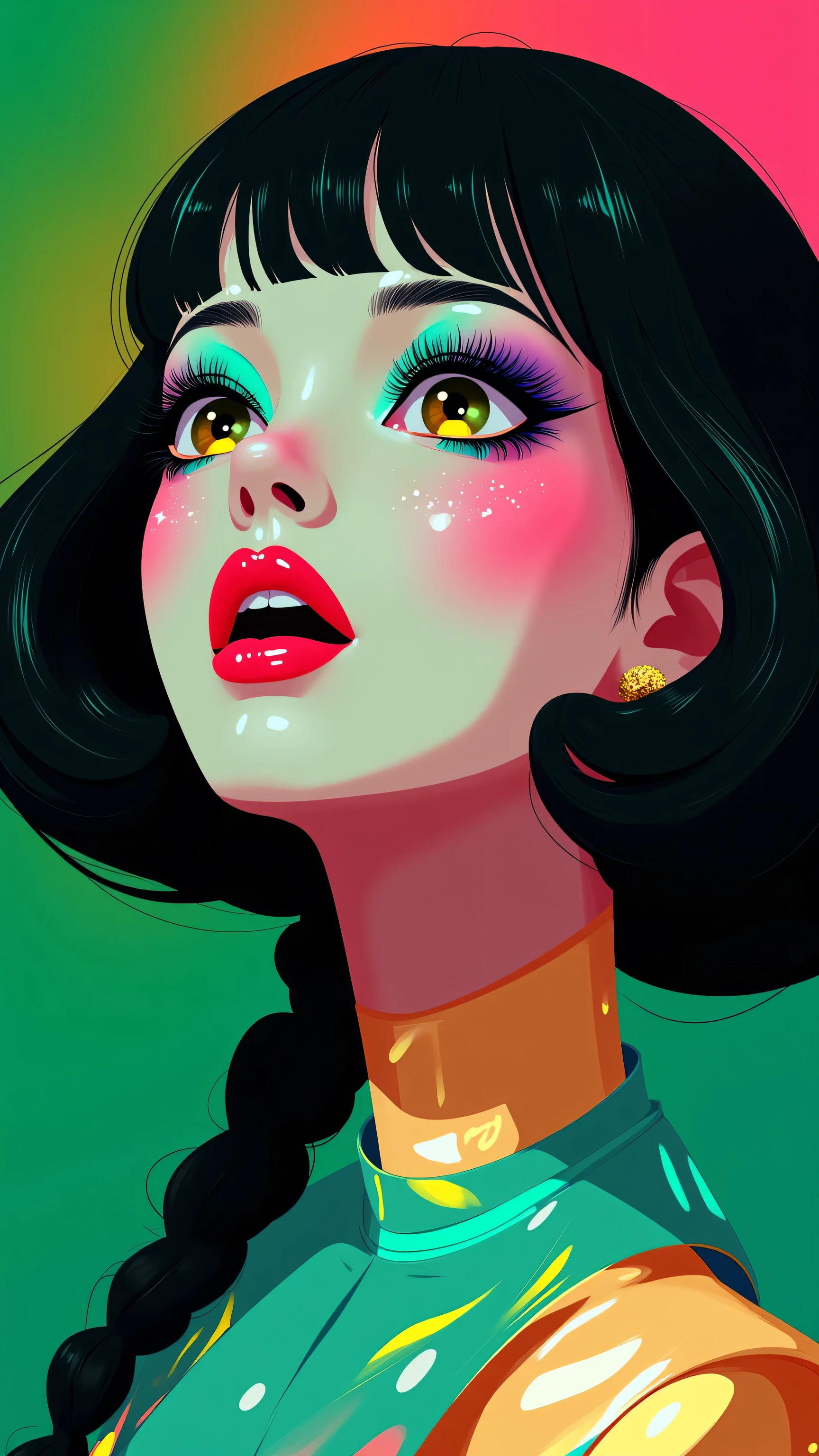 80’s glam rock makeup on shiny face, asian girl, anime, 2.5D, moody lighting, (green, pink, gold), pretty, sexy, minimal, sleek, slender, asian, elegant, futuristic, retro, sophisticated half human half machine, mouth open wide, Kizi,(eyes looking off to side), Highly detailed, Amazing work,Vitreous luster, blues, yellows, Best quality at best,shiny skin, no background, colorful background, green background, pink background, gold, background, plunging neckline, sexy pose, dynamic pose, heavy blushing, huge breasts, cleavage, full body, thigh highs, illustrator anime,