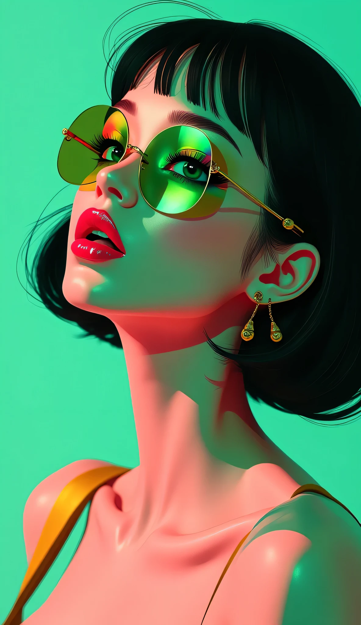 80’s glam rock makeup on shiny face, asian girl, anime, 2.5D, moody lighting, (green, pink, gold), pretty, sexy, minimal, sleek, slender, asian, elegant, futuristic, retro, sophisticated half human half machine, mouth open wide, Kizi,(eyes looking off to side), Highly detailed, Amazing work,Vitreous luster, blues, yellows, Best quality at best,shiny skin, no background, colorful background, green background, pink background, gold, background, plunging neckline, sexy pose, dynamic pose, heavy blushing, huge breasts, cleavage, full body, thigh highs, illustrator anime,