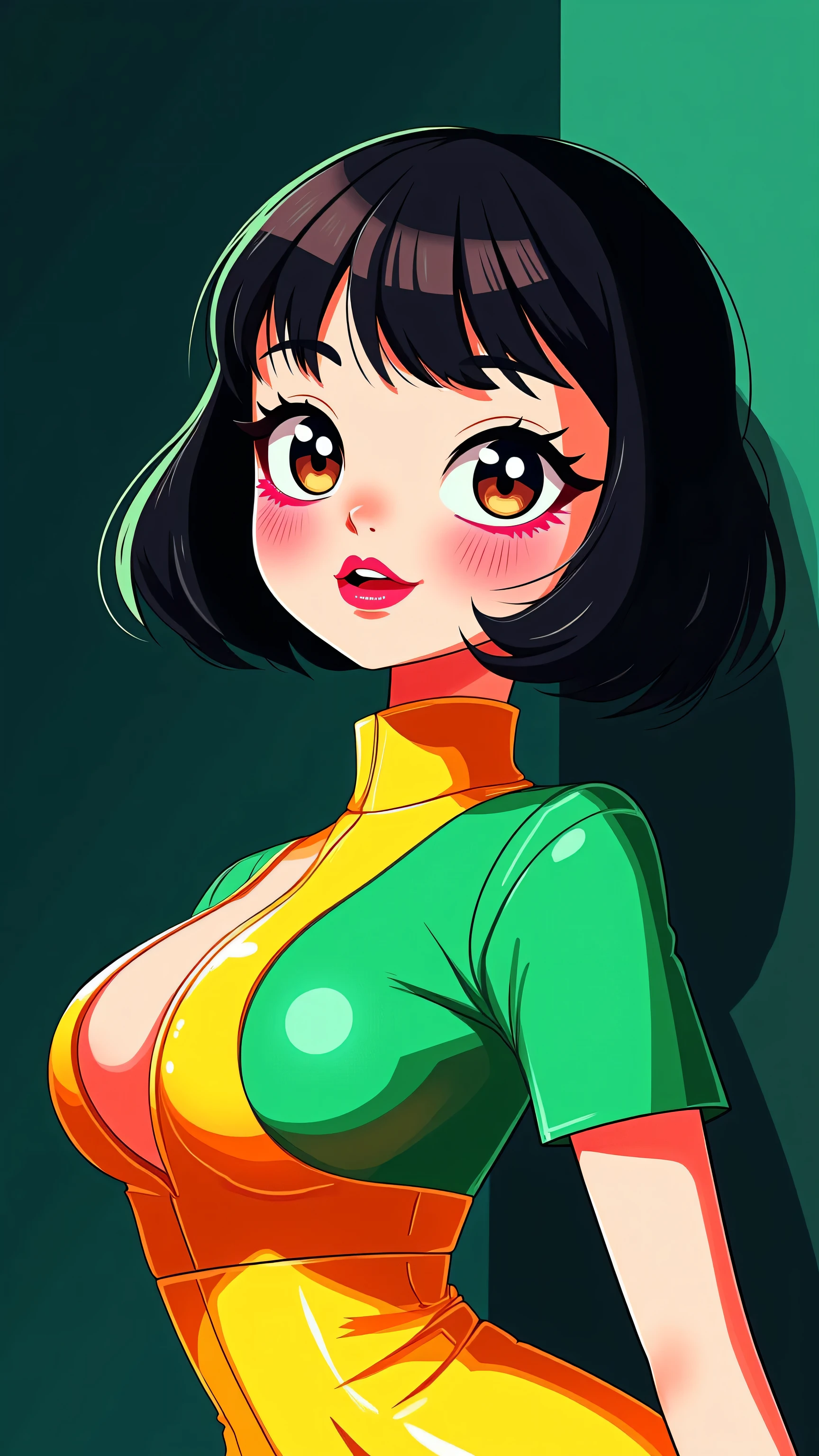80’s glam rock makeup on shiny face, asian girl, anime, 2.5D, moody lighting, (green, pink, gold), pretty, sexy, minimal, sleek, slender, asian, elegant, futuristic, retro, sophisticated half human half machine, mouth open wide, Kizi,(eyes looking off to side), Highly detailed, Amazing work,Vitreous luster, blues, yellows, Best quality at best,shiny skin, no background, colorful background, green background, pink background, gold, background, plunging neckline, sexy pose, dynamic pose, heavy blushing, huge breasts, cleavage, full body, thigh highs, illustrator anime,