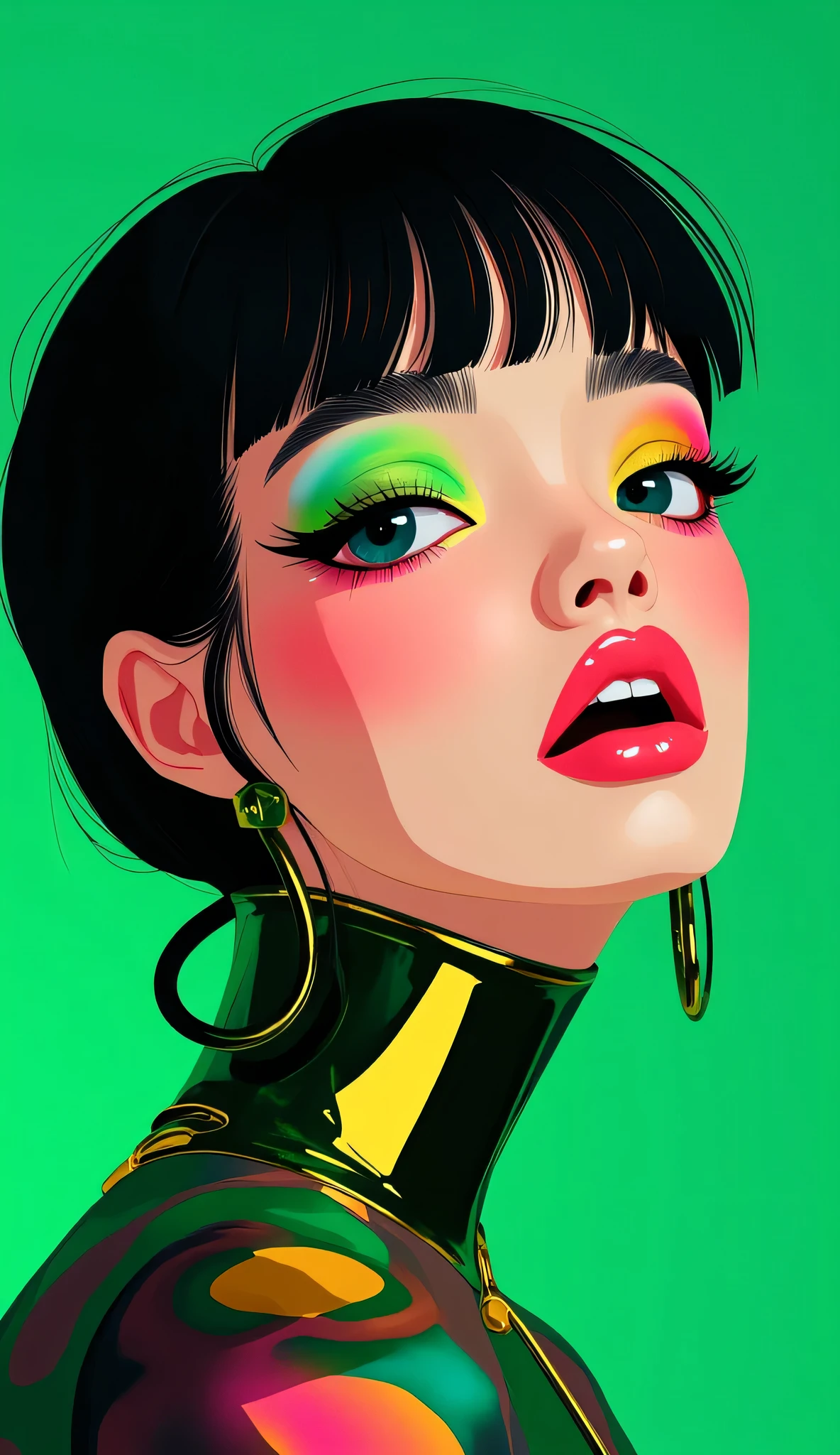 80’s glam rock makeup on shiny face, asian girl, anime, 2.5D, moody lighting, (green, pink, gold), pretty, sexy, minimal, sleek, slender, asian, elegant, futuristic, retro, sophisticated half human half machine, mouth open wide, Kizi,(eyes looking off to side), Highly detailed, Amazing work,Vitreous luster, blues, yellows, Best quality at best,shiny skin, no background, colorful background, green background, pink background, gold, background, plunging neckline, sexy pose, dynamic pose, heavy blushing, huge breasts, cleavage, full body, thigh highs, illustrator anime,