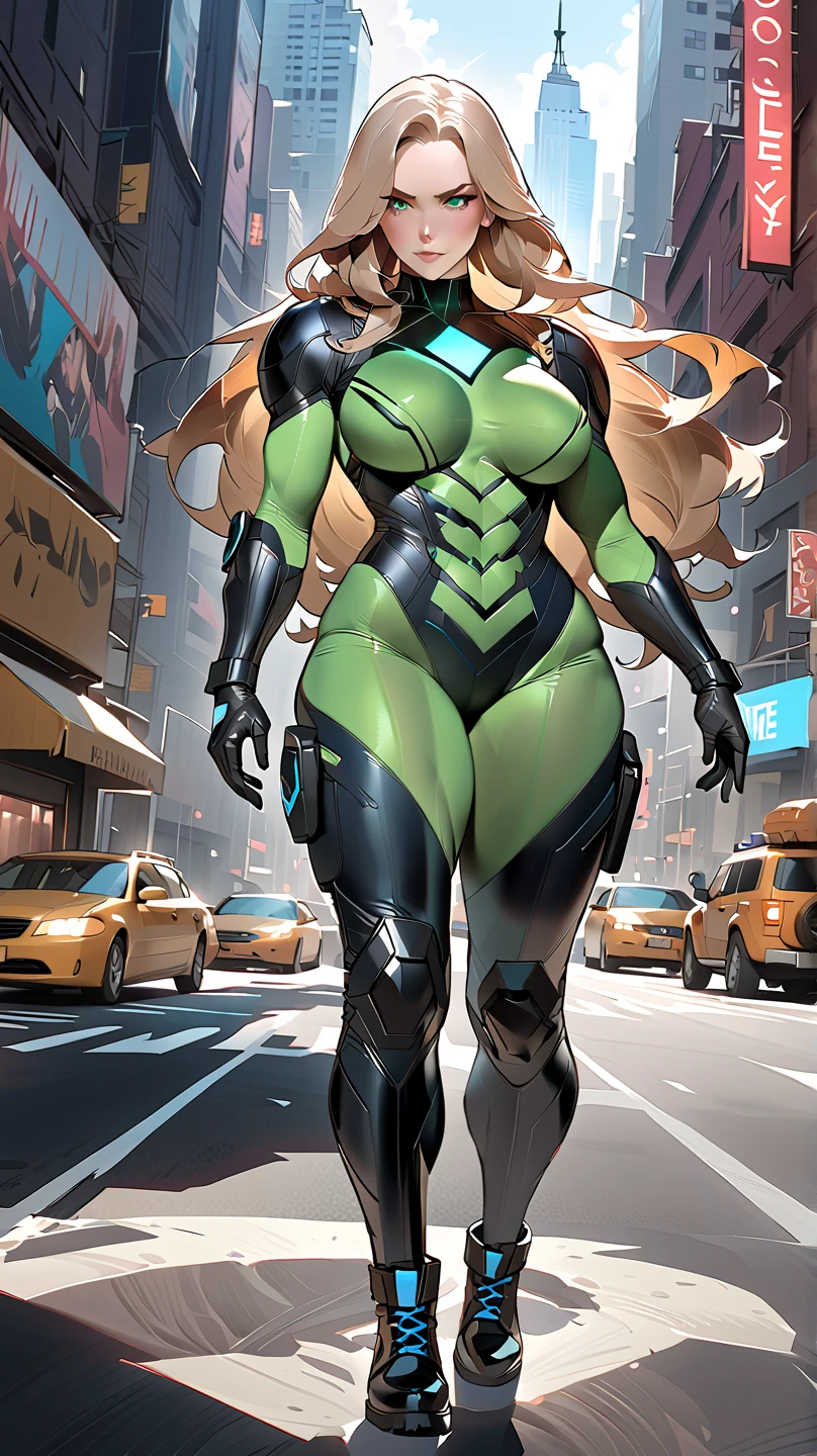 Best quality, 8K, vivid color, woman retro super hero futurism, full body, standing, facing away from the observer, golden hair, long eyelashes, light purple shiny leotard, cleavage, metalic details, light green pantyhose, neutral sci-fi scenario