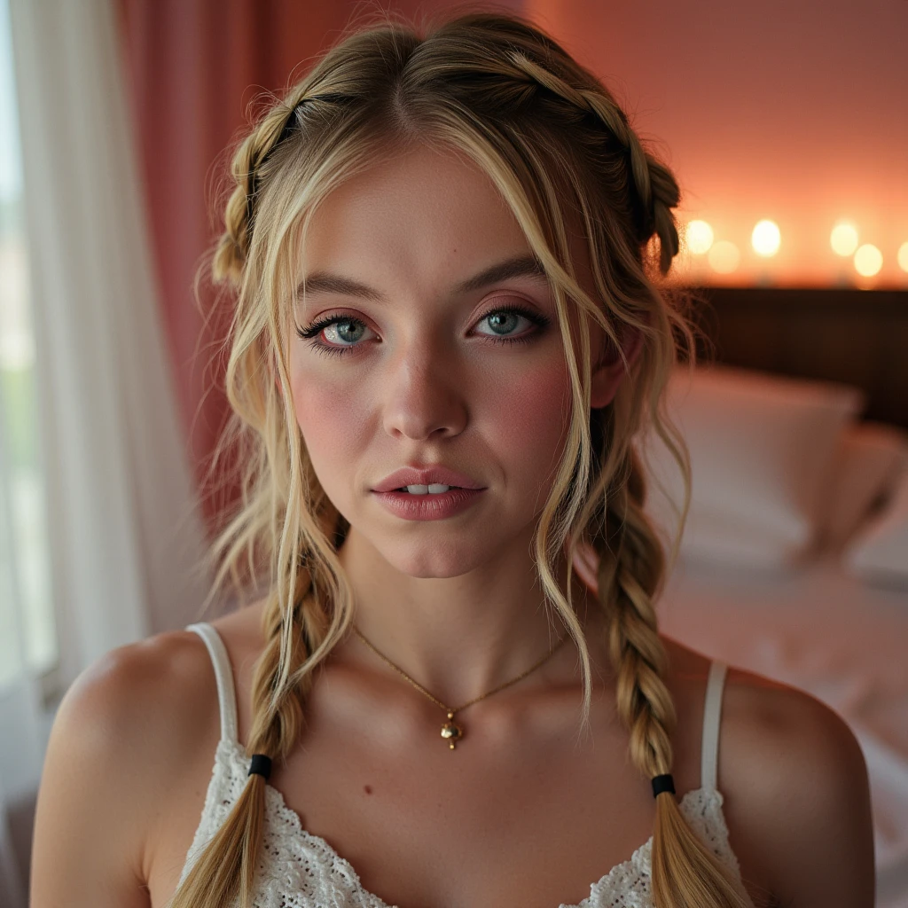 Photorealistic of a insanely beautiful woman with blonde french braids, in the style of panasonic lumix s pro 50mm f/1.4, light beige and dark azure, celebrity images mashups, soft realism, barbiecore, unreal engine 5, 32k uhd, luminous quality, swiss realism, niji 5, bit like kylie, high boots