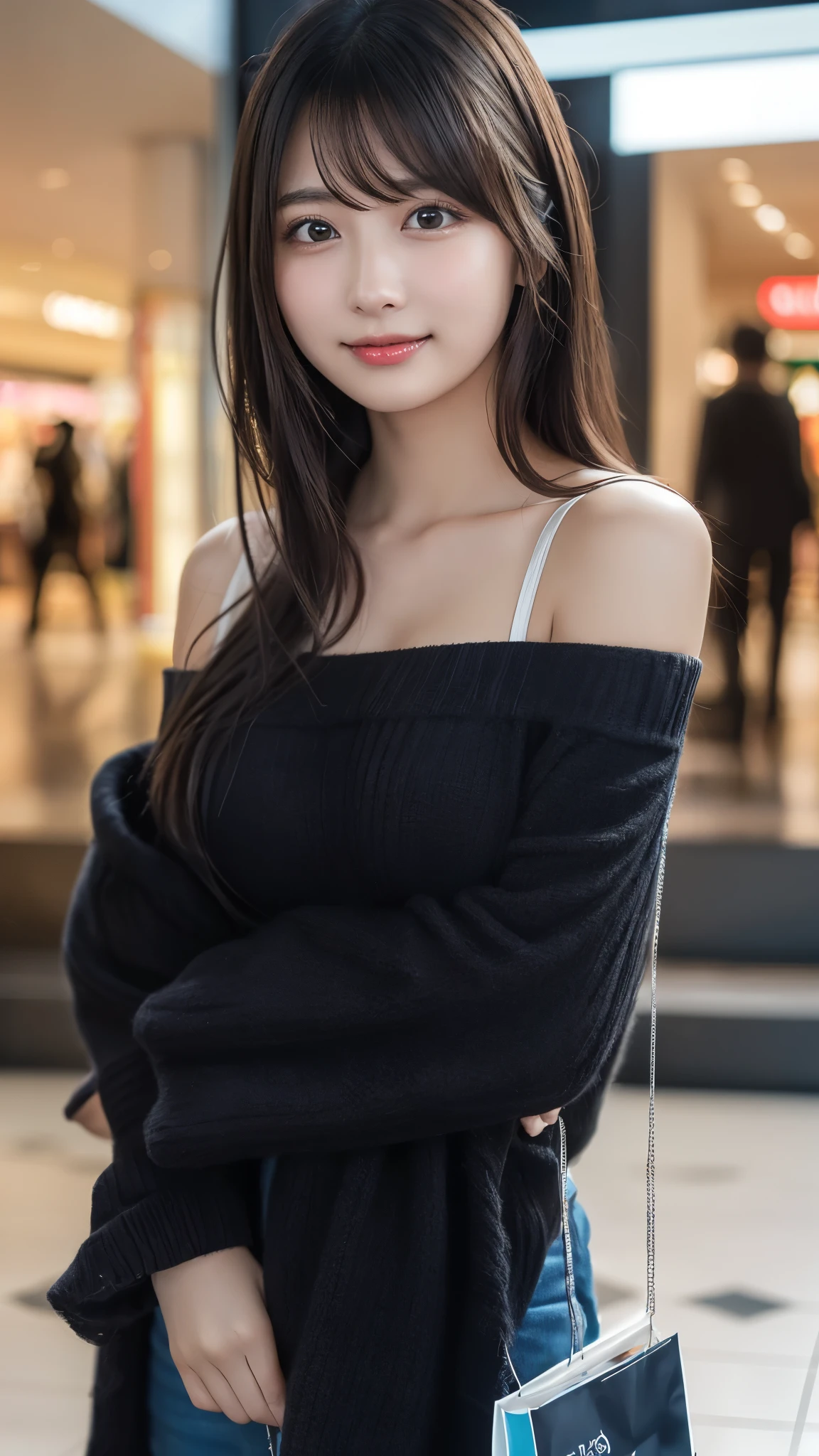 (kawaii 24 year-old Japanese girl, Nogizaka idol, Korean idol), (glossy black hair, pixie cut:1.3), (rounded face, single eyelid, no makeup, soft smiling:1.2), forehead, (wearing off-shoulder knitted sweater:1.3), (well shaped extra small breasts), (looking at viewer:1.2), BREAK, (at night street in downtown background:1.3), (dynamic angle:1.3), BREAK, (masterpiece, best quality, photo realistic, official art:1.4), (UHD, 8K quality wallpaper, high resolution, raw photo, film grain:1.2), (shiny skin), professional lighting, physically based rendering, award winning, (perfect anatomy, highly detailed skin textures, extremely detailed face and eyes, well drawn glittering pupils), Carl Zeiss 85 mm F/1.4, depth of field, 1girl, solo,