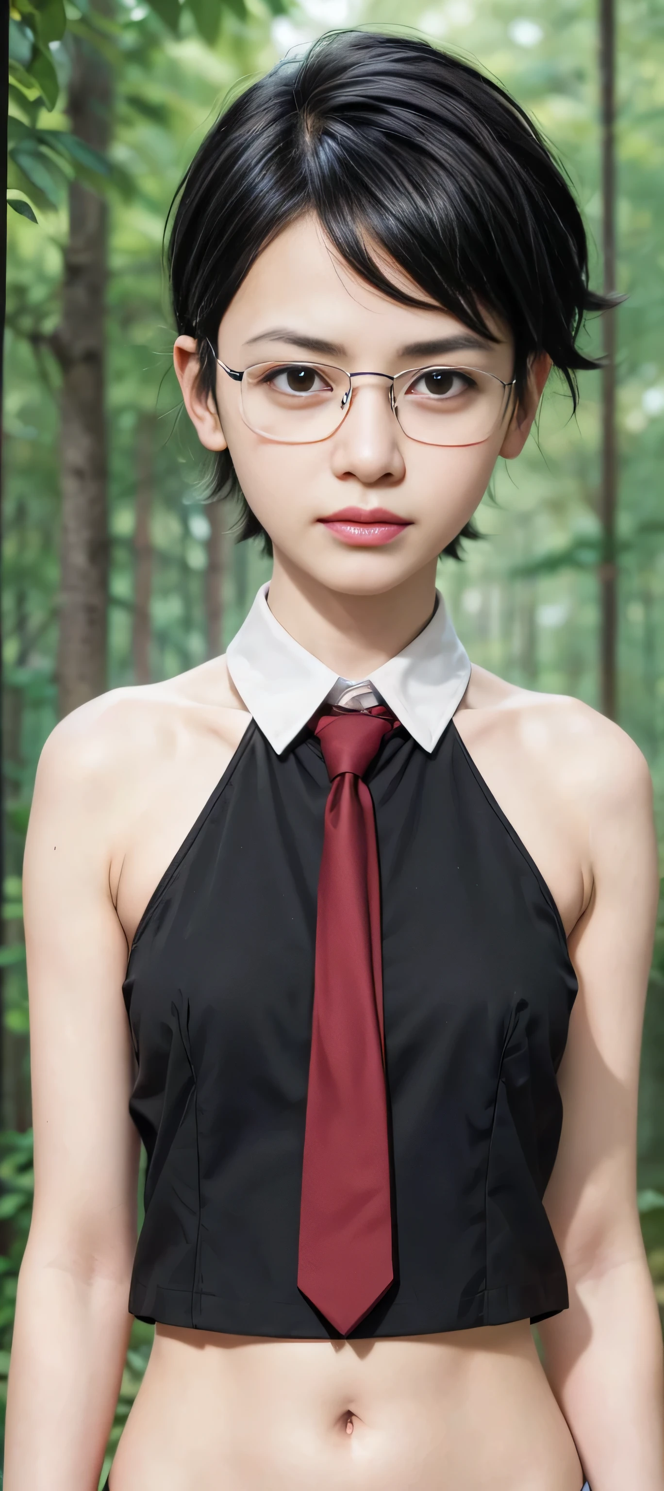 masterpiece, best quality, (realistic,photo-realistic:1.4), (RAW photo:1.2), extremely detailed CG unity 8k wallpaper, delicate and beautiful, amazing,finely detail, official art, absurdres, incredibly absurdres, huge filesize, ultra-detailed,extremely detailed eyes and face,light on face,sarada,(smirk:1.4),(black hair:1.4),(short hair:1.5),nature,sarada uchiha,(wearing black framed glasseglasses:1.5),deep jungle background,(wearing white shirt:1.5),navel,necktie,sleeveless