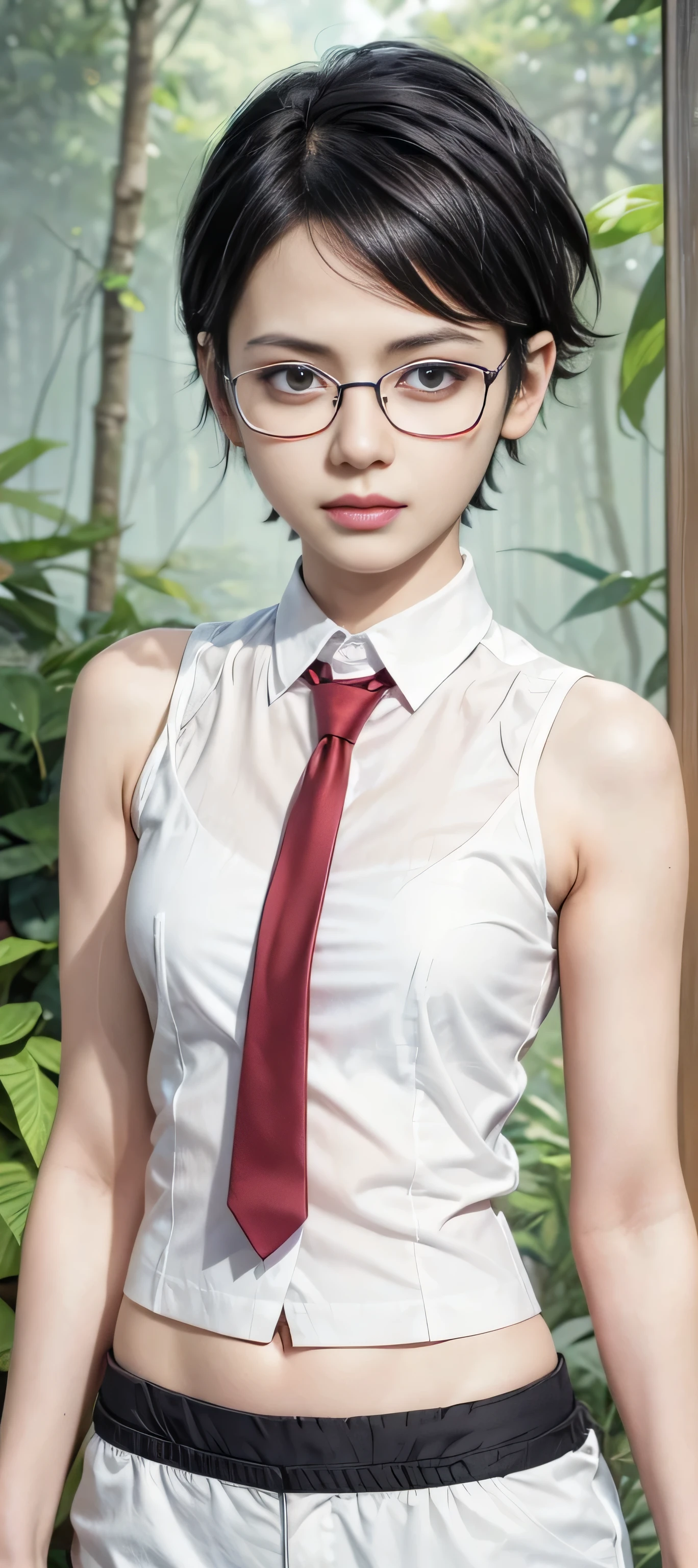 masterpiece, best quality, (realistic,photo-realistic:1.4), (RAW photo:1.2), extremely detailed CG unity 8k wallpaper, delicate and beautiful, amazing,finely detail, official art, absurdres, incredibly absurdres, huge filesize, ultra-detailed,extremely detailed eyes and face,light on face,sarada,(smirk:1.4),(black hair:1.4),(short hair:1.5),nature,sarada uchiha,(wearing black framed glasseglasses:1.5),deep jungle background,(wearing white shirt:1.5),navel,necktie,sleeveless