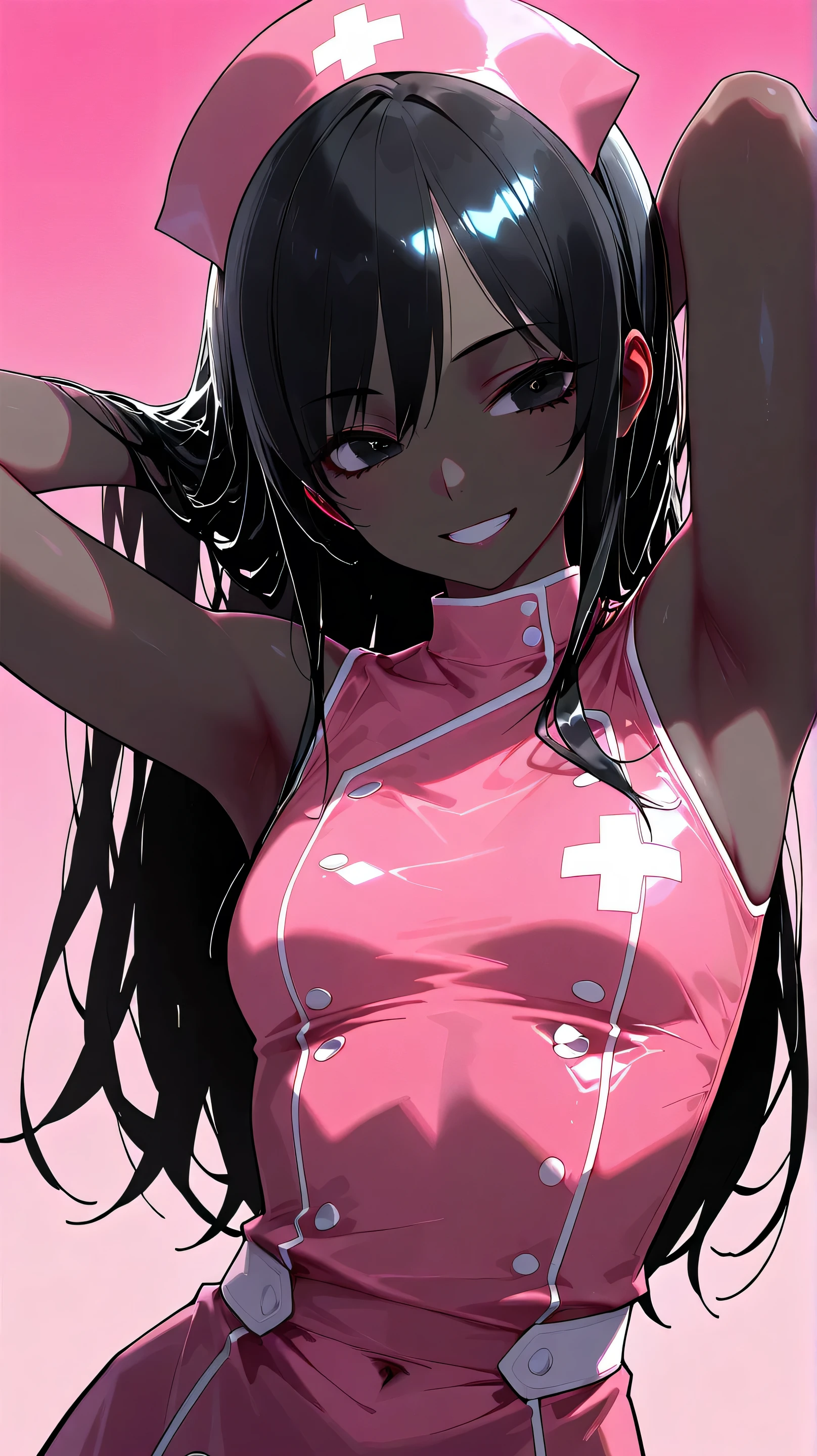 (low lighting), (neon atmosphere), light background, 1 hot girl, very dark skin, black eyes, grin, gorgeous, long hair, school girl, small breasts, navel, exposing clothes, nurse, armpits, tight body, Kizi,eyes looking off to side, Highly detailed, Amazing work,Vitreous luster, yellows,greens, golds, Best quality at best,shiny skin, gold background, pink background,
