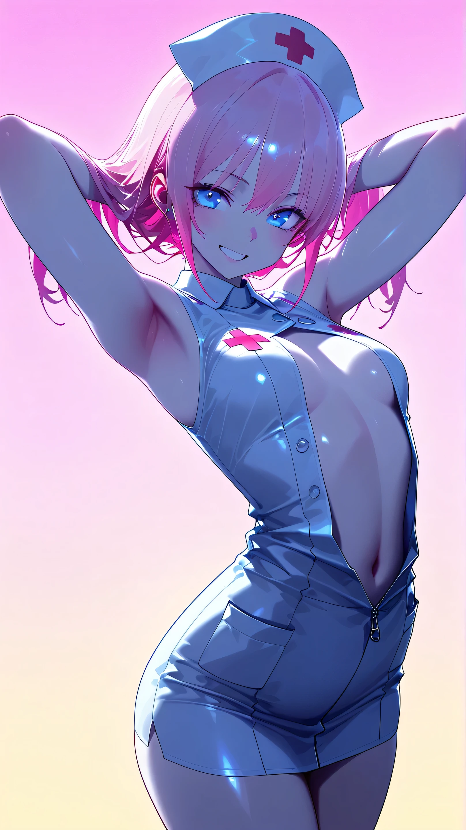 (low lighting), (neon atmosphere), light background, 1 hot girl, very pale skin, blue eyes, grin, gorgeous, hot pink hair, school girl, small breasts, navel, exposing clothes, nurse, armpits, tight body, Kizi,eyes looking off to side, Highly detailed, Amazing work,Vitreous luster, yellows,greens, golds, Best quality at best,shiny skin, gold background, pink background,