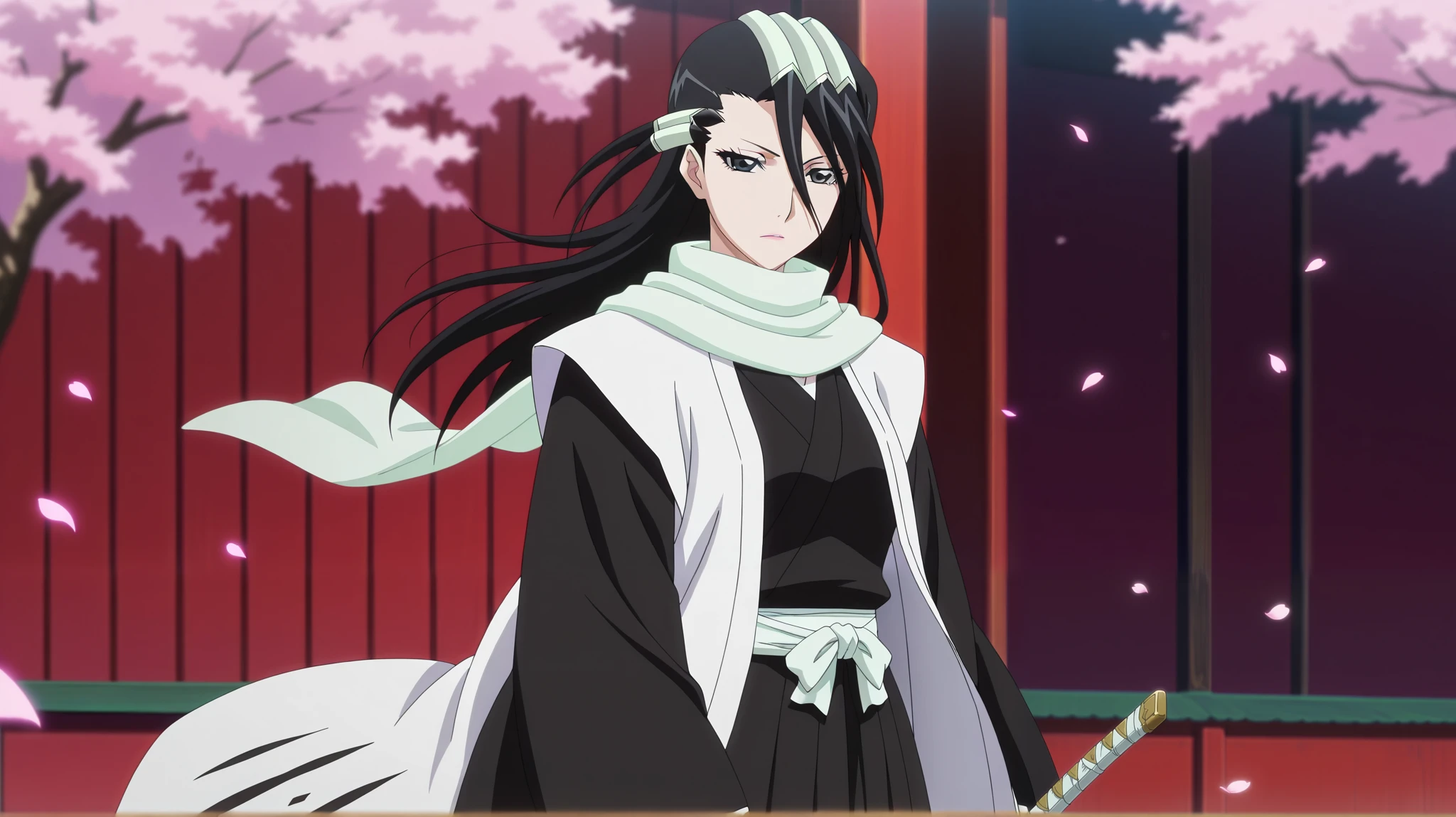 masterpiece, best quality, , anime screencap, , , , depth of field, 1girl, solo, female focus, female version byakuya_kuchiki, black hair, black eyes, long hair, scarf, japanese clothes, haori, petals, hair ornament, , sword, , gothic costume