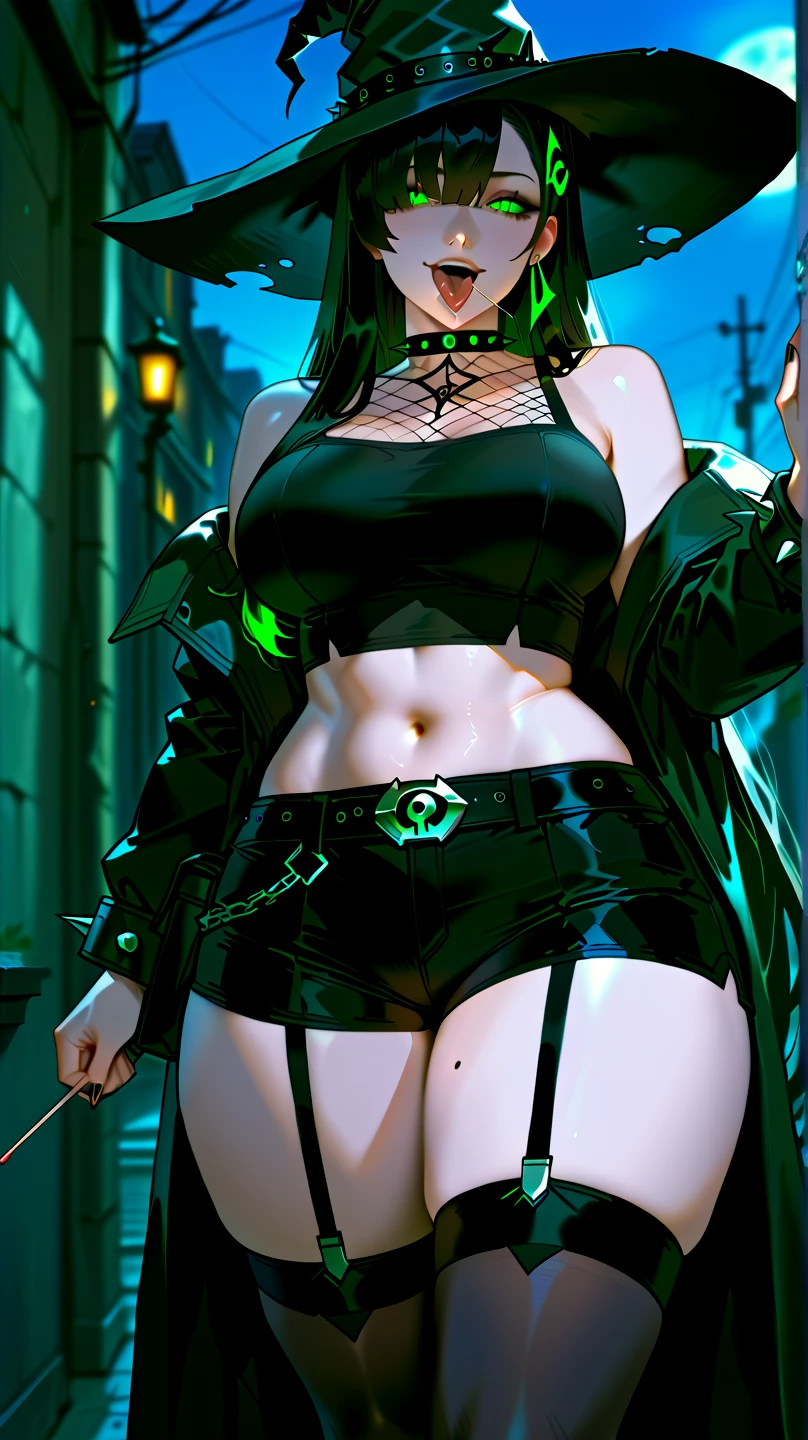 (solo:1.1),(masterpiece), (best quality:1.3),, highly detailed, intricate, professional art, digital art, absurdres, confidant, emerald sustrai, futanari emerald sustrai wearing a Spiked-choker fishnet-crop-top with arm gloves and pants posing confidently in a club,(Black see through top:1.4), (pants:1.6), 1girl, solo, (dark skin:1.5), green hair, bob hair, gold hoop earrings, gold jewellery, ab lines,(gold navel piercing:1.1), detailed stomach, red eye colour, dark skin, average breasts, (aroused:1.2), (futanari:1.1), (wide hips:1.4), (makeup 1:1), beestung lips, (black lipstick:1.3), large penis, panty straps riding hips, (large crotch bulge:1.4), crotch bulge, large testicles , furniture, frontal view, universal lighting