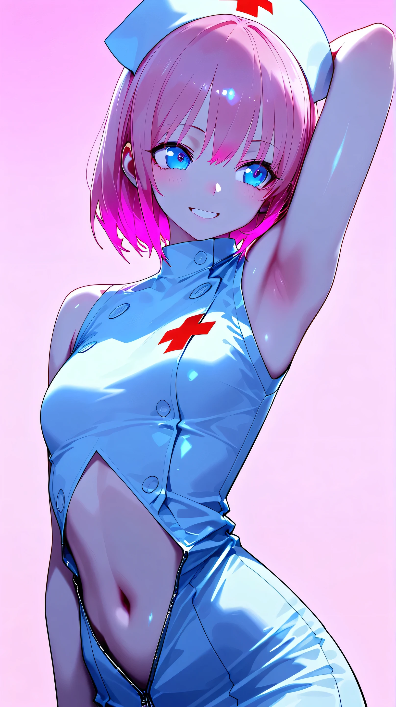(low lighting), (neon atmosphere), light background, 1 hot girl, very pale skin, blue eyes, grin, gorgeous, hot pink hair, school girl, small breasts, navel, exposing clothes, nurse, armpits, tight body, Kizi,eyes looking off to side, Highly detailed, Amazing work,Vitreous luster, yellows,greens, golds, Best quality at best,shiny skin, gold background, pink background,