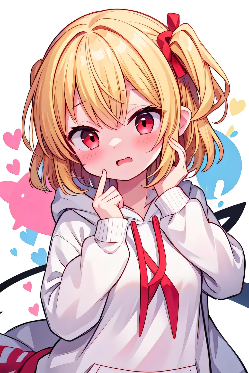 detailed background, Masterpiece, top quality, Emoji豊か、 upper body、1Alone、1By people、1Only people、only girl、Flanders Scarlett, , third-tailed yellow hair 、 red eyes、 Gold、Short Hair、 short hair、about the age of a female college student、 Touhou Project、Costume( white hoodie)、 white hoodieを着ている(No pattern on the hoodie)、 Emoji(Anxious face)、Anxious faceで、blush your cheeks slightly with an impatient face、Pure white background、