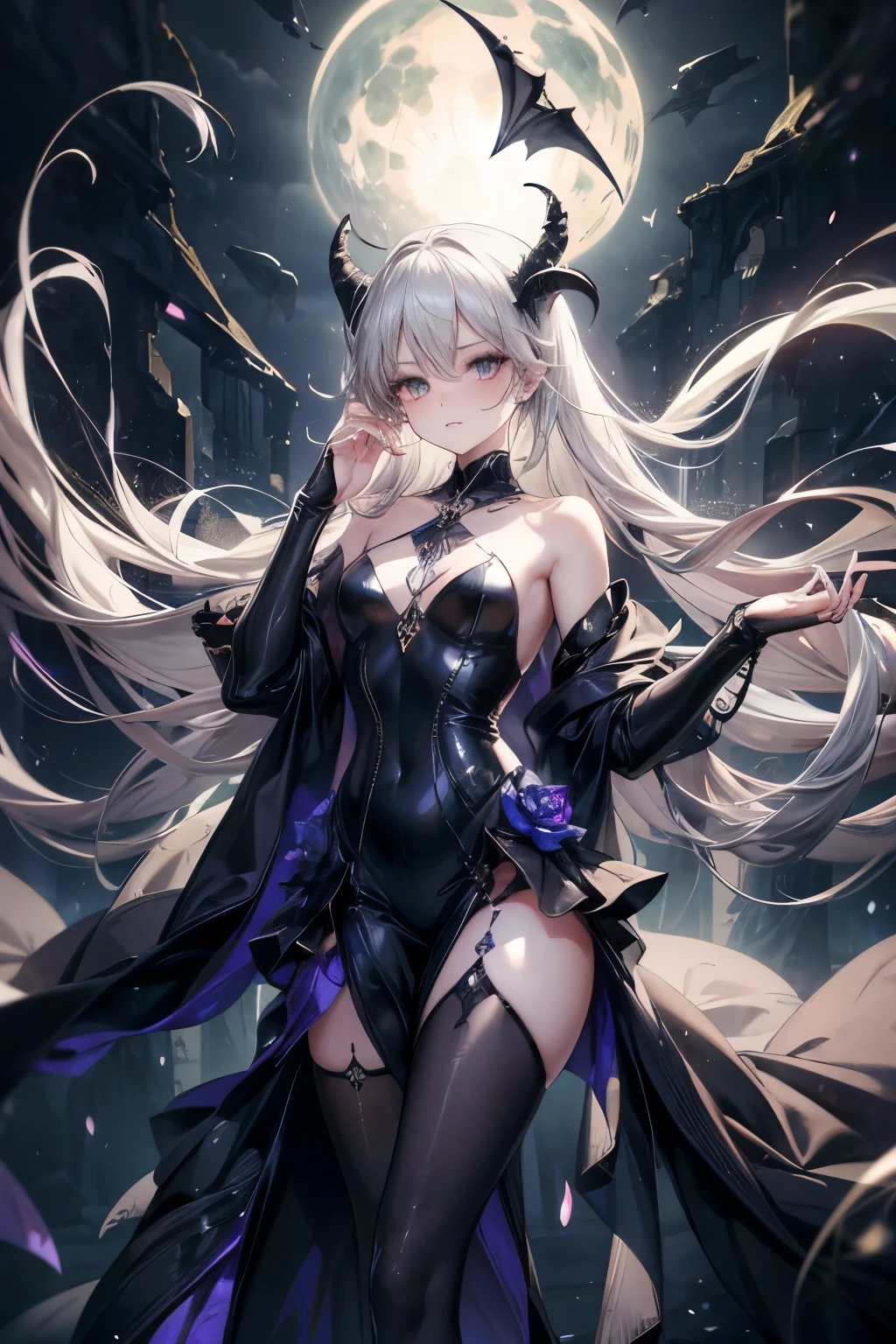 A breathtakingly beautiful demon, exuding an aura of both elegance and menace. Their ethereal presence is captivating, blending otherworldly charm with a sinister undertone. Their face is flawless, with strikingly sharp yet symmetrical features—high cheekbones, a well-defined jawline, and piercing, luminous eyes that glow like molten gold, radiating both intelligence and malice. Their lips are full and slightly curved, forming a faint, knowing smirk that hints at ancient knowledge and dangerous allure.
Their hair cascades in silken waves, shifting subtly between deep midnight black and iridescent crimson, as if infused with living fire. Each strand catches the light, accentuating the supernatural essence of their being. Their skin is impossibly smooth, almost luminescent, with an unearthly hue—pale like moonlight, yet with a faint shimmer of amethyst and sapphire tones beneath the surface.
Horns, dark as obsidian yet polished like glass, rise elegantly from their head, curling slightly backward in a regal display of power. Their pointed ears are adorned with intricate, arcane jewelry, encrusted with gemstones that pulse faintly with a forbidden energy. Shadows seem to dance around them, moving unnaturally as if drawn to their presence.
Their attire is both seductive and fearsome, a fusion of gothic regality and infernal mysticism. A form-fitting, black and crimson ensemble clings to their perfectly sculpted physique, embroidered with golden filigree depicting ancient demonic sigils. A flowing, tattered cloak of shadow-like fabric billows behind them, as if possessed by a life of its own. Their hands are slender yet strong, adorned with claw-like nails, shimmering with a metallic sheen that hints at their deadly nature.
Dark, bat-like wings stretch behind them, their membrane semi-transparent and lined with delicate, glowing veins of eldritch power. Their long, sinuous tail, tipped with a barbed, gleaming blade, coils and flicks with an almost hypnotic rhythm. Th