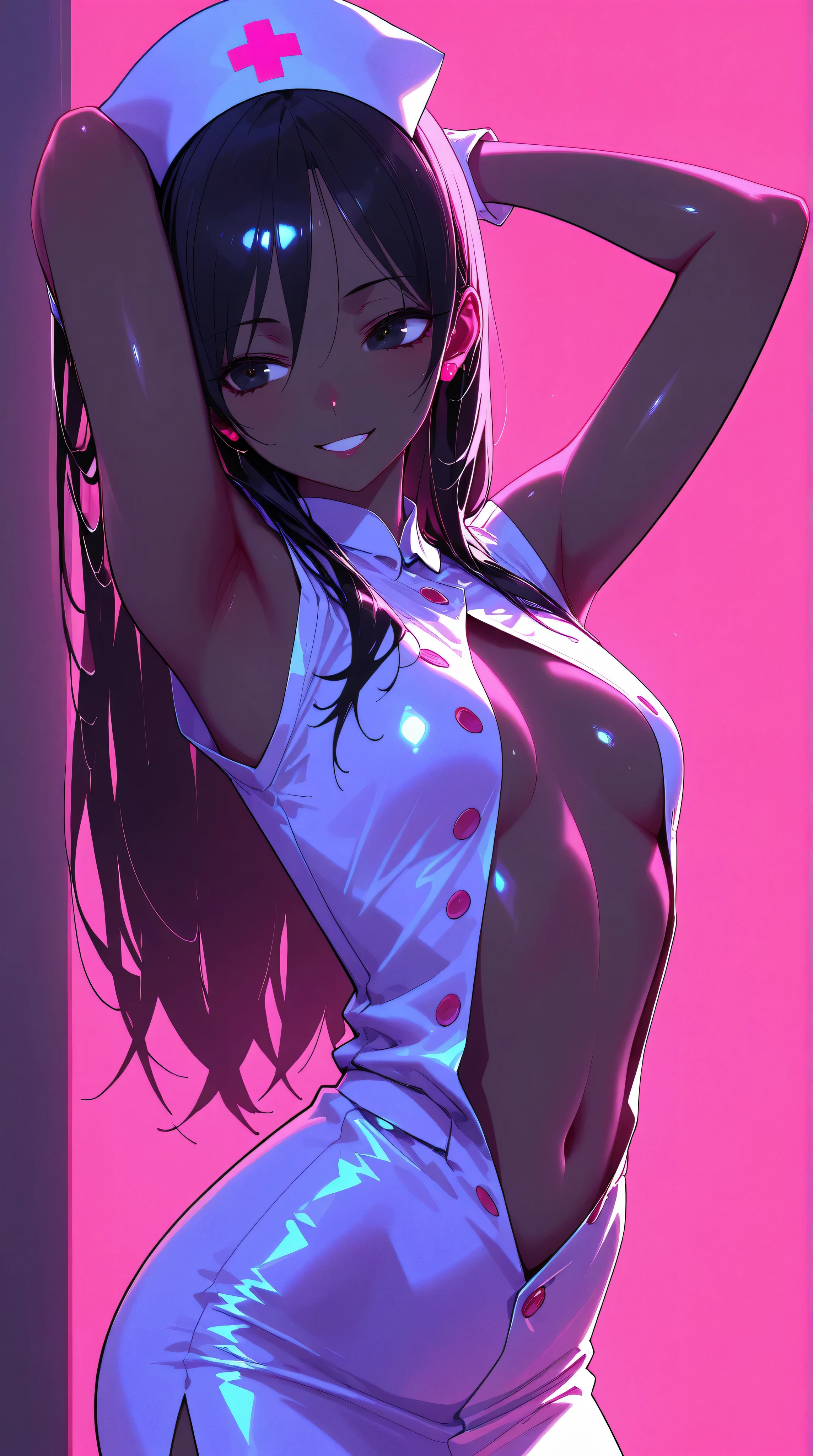 best quality, hot pink artwork, white line art, beautiful japanese girl self portrait, light up, big detailed eyes, ulzzang, ((huge breasts)), cleavage, arms behind back, sitting, legs spread
