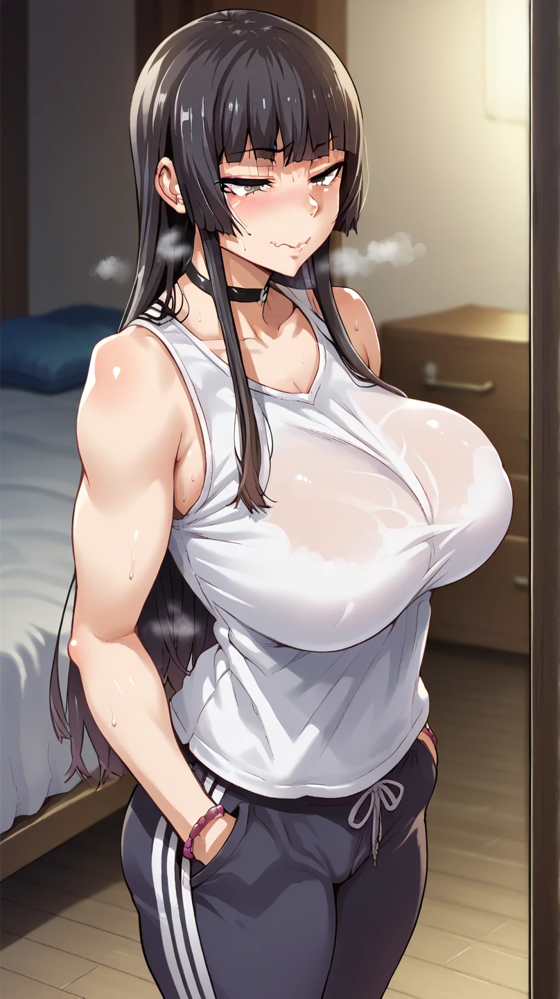 Tifa lockhart, nude tits, hard nipples, black leather minskirt, white micro panties, black thighs, black long hair, red eyes, in a perverted tavern, toned abs, ahegao, masterpiece, white pale skin, wet pussy, groped from behind, solo female, hugging, male on female, hands raised