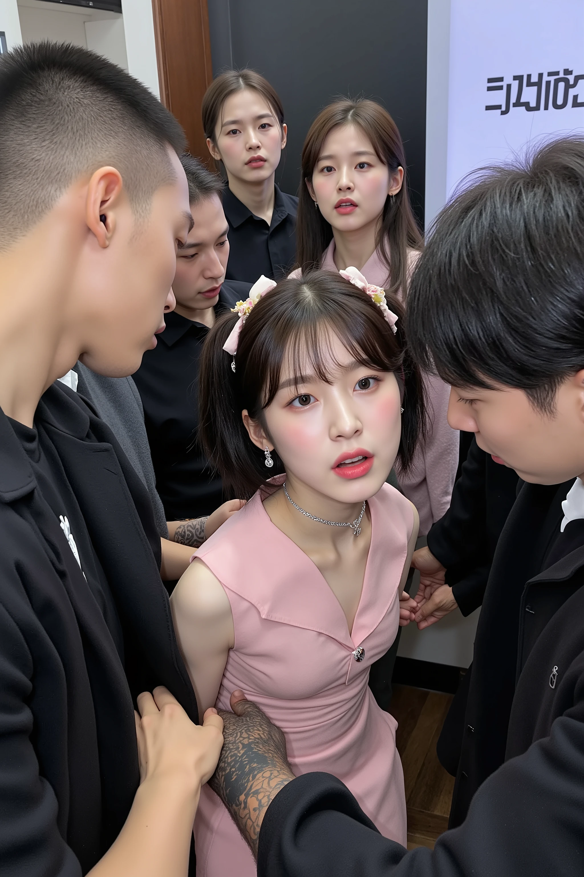 NSFW, dynamic,
realistic, Press photo, Documentary Technique, Very clear image,HDR,
(full body visible:1.5),
1girl, 3guy,
A Korean beauty idol is captured by a korean gang and surrounded by men who look like they're ruthless,
The girls are smaller than the guys, and didn't even reach the men's shoulders,
the girl is lowteen,
The girl's skin is translucently white,
the girl's hair is pur black twintails,
her name is Arin,
A man with a shaved head, a muscular man, a man wearing a thick necklace of bacteria,
a man has tattoo,
Rough men,
the men are treating the girl roughly,
She is wearing a light pink sailor collar mini sleavless dress,
the girl is terribly frightened,
The girl's eyes are wide with fear,
The girl is frightened, cowering,
the girl trembling looking up at the men,
the girl is pleading with the men,
The girl was subjected to violence,
the men assaulted her,
gang office,