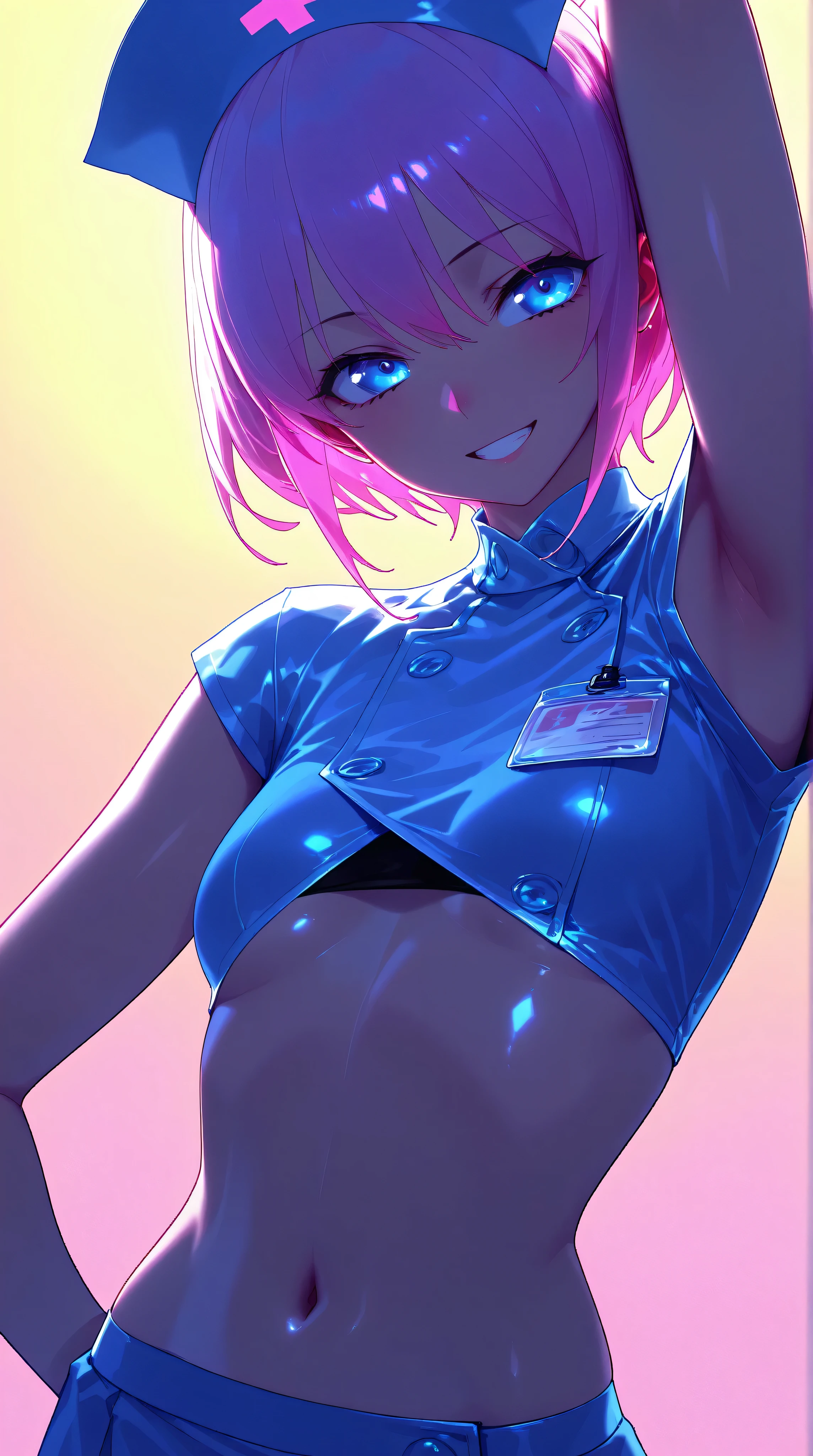 (low lighting), (neon atmosphere), light background, 1 hot girl, blue eyes, grin, gorgeous, hot pink hair, school girl, small breasts, navel, exposing clothes, nurse, armpits, tight body, Kizi,eyes looking off to side, Highly detailed, Amazing work,Vitreous luster, yellows,greens, golds, Best quality at best,shiny skin, gold background, pink background,