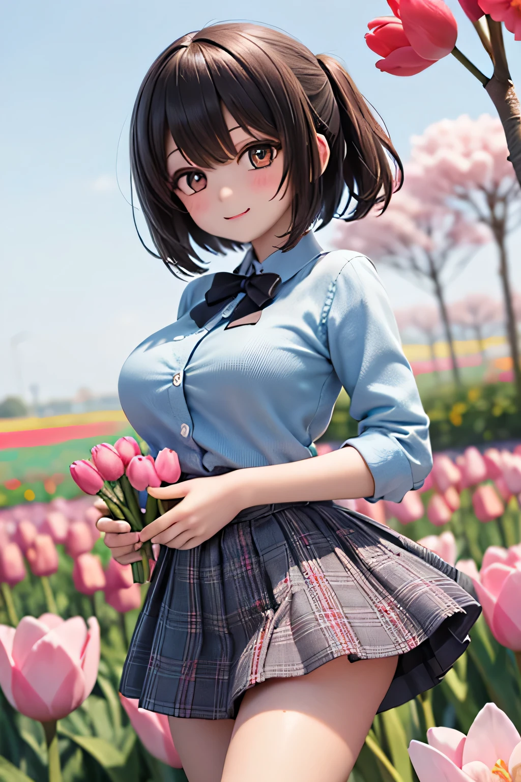 top quality、high resolution、(HD:1.2)、 Masterpiece、detailed background、age beauty、( huge breasts:1.3)、(very detailed face:1.3)、 detailed expressions 、( Details:1.3)、anatomically correct、(Normal number of fingers:1.3)、Bright-colored hair、 braided bob cut 、 ponytail、
(Two girls smile while softly fluttering their skirts in a field of colorful tulips swaying in the spring breeze:1.5)、
shine softly when bathed in sunlight、The gesture of gently holding it down with your fingers every time you roll in the wind is adorable、for a gentle, spring-like atmosphere、hand Pick one flower and hold it out carefully {x} A girl smiles while fluttering her skirt softly in a field of colorful tulips swaying in the spring breeze {x} every time her expression changes from time to time, with her cheeks slightly puffed up and an innocent smile on her face, it feels more dazzling than the spring sun、Look spring-like with a dull color or pale tone knit、denim for a casual skirt、 very beautiful