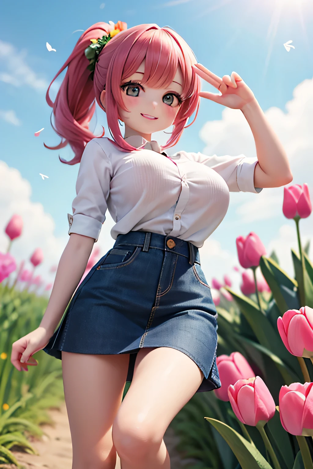 top quality、high resolution、(HD:1.2)、 Masterpiece、detailed background、age beauty、( huge breasts:1.3)、(very detailed face:1.3)、 detailed expressions 、( Details:1.3)、anatomically correct、(Normal number of fingers:1.3)、Bright-colored hair、 braided bob cut 、 ponytail、
(Two girls smile while softly fluttering their skirts in a field of colorful tulips swaying in the spring breeze:1.5)、
shine softly when bathed in sunlight、The gesture of gently holding it down with your fingers every time you roll in the wind is adorable、for a gentle, spring-like atmosphere、hand Pick one flower and hold it out carefully {x} A girl smiles while fluttering her skirt softly in a field of colorful tulips swaying in the spring breeze {x} every time her expression changes from time to time, with her cheeks slightly puffed up and an innocent smile on her face, it feels more dazzling than the spring sun、Look spring-like with a dull color or pale tone knit、denim for a casual skirt、 very beautiful