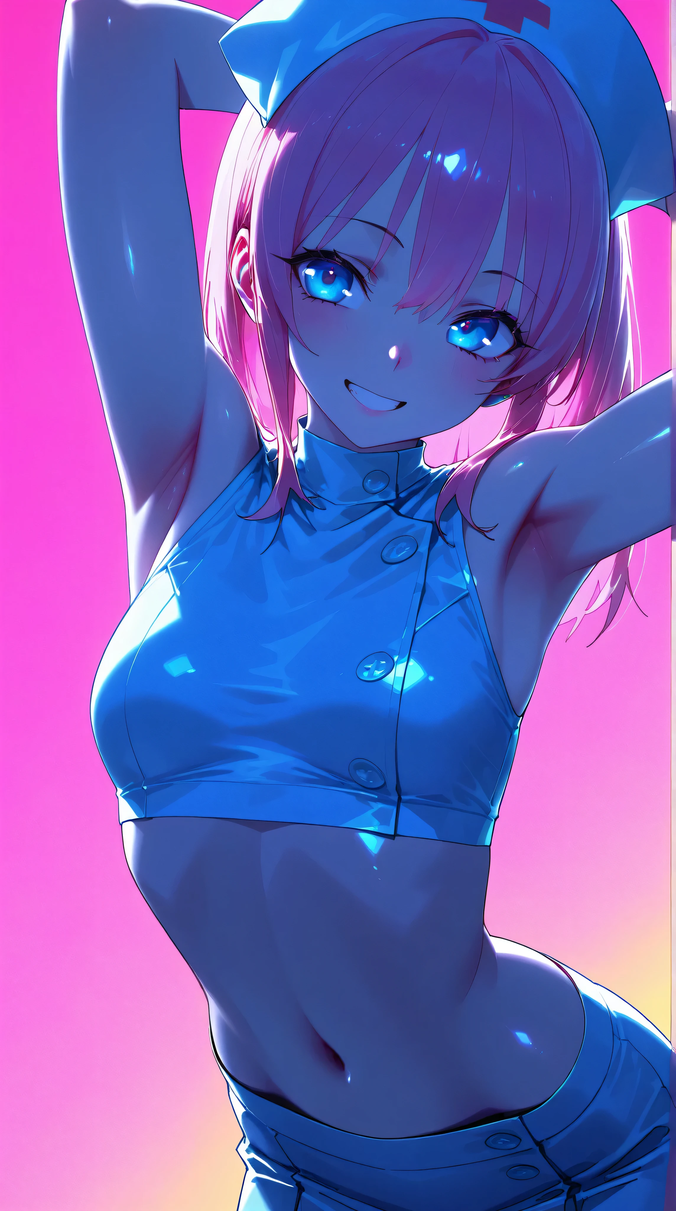 (low lighting), (neon atmosphere), light background, 1 hot girl, very pale skin, blue eyes, grin, gorgeous, hot pink hair, school girl, small breasts, navel, exposing clothes, nurse, armpits, tight body, Kizi,eyes looking off to side, Highly detailed, Amazing work,Vitreous luster, yellows,greens, golds, Best quality at best,shiny skin, gold background, pink background,