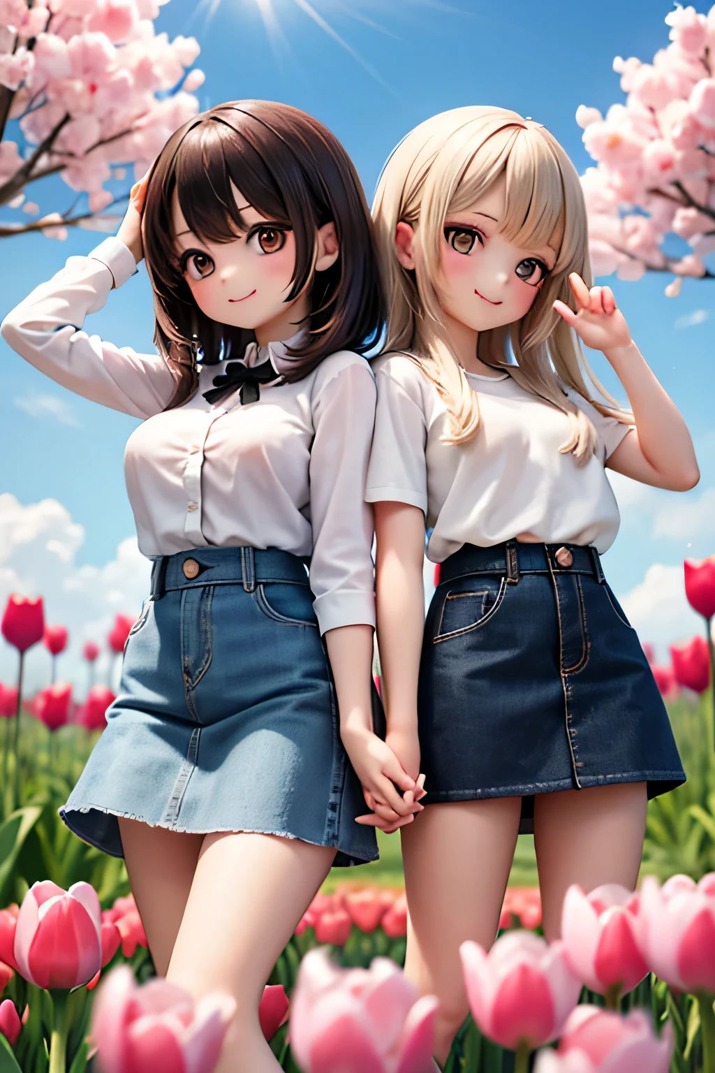 top quality、high resolution、(HD:1.2)、 Masterpiece、detailed background、age beauty、( huge breasts:1.3)、(very detailed face:1.3)、 detailed expressions 、( Details:1.3)、anatomically correct、(Normal number of fingers:1.3)、Bright-colored hair、 braided bob cut 、 ponytail、
(Two girls smile while softly fluttering their skirts in a field of colorful tulips swaying in the spring breeze:1.5)、
shine softly when bathed in sunlight、The gesture of gently holding it down with your fingers every time you roll in the wind is adorable、for a gentle, spring-like atmosphere、hand Pick one flower and hold it out carefully {x} A girl smiles while fluttering her skirt softly in a field of colorful tulips swaying in the spring breeze {x} every time her expression changes from time to time, with her cheeks slightly puffed up and an innocent smile on her face, it feels more dazzling than the spring sun、Look spring-like with a dull color or pale tone knit、denim for a casual skirt、 very beautiful