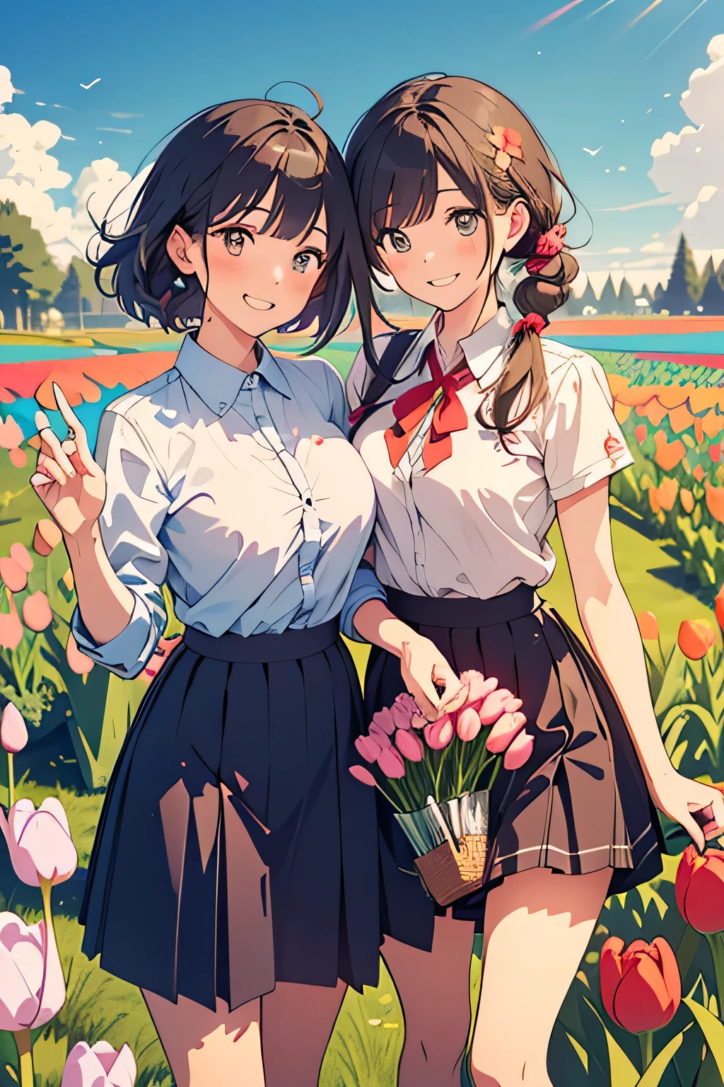 (highest quality:1.5)、ultra high resolution、detailed background、masterpiece、anatomically correct、(Detailed beautiful face:1.4)、cute 20's beauty、brown hair or cute colored hair、(huge breasts:1.3)、realistic、perfect body line、attractive woman、
(Two women having fun with happy expressions:1.5)、cowboy shot、
Look at me with a happy expression、smile、A big smile、cute、The gesture of fixing hair that has been disturbed by the wind、cute gesture、
Mode-casual shorts with tight silhouettes and shorts with rounded silhouettes that give a bright impression are popular.、
Pair it with a striped shirt, white bag and shoes for a spring look.、
We recommend knits and cardigans with compact silhouettes.、
Try wearing a sweatshirt or hoodie for a casual look.、
Try choosing a cut-and-sew or pullover.、
Try wearing the vest in a layered style.、
narrow flare、Try choosing a mini skirt or flared skirt、
Try choosing a blouson or coat made of light sheer material.、
Try wearing this jacket casually and layering it for a fun look.、 Large ribbons that add elegance are in season.、 Especially dark colored ribbons are perfect for adult women.、 Chiffon and chic color ribbon barrette、 The Tulip Festival takes place in April at Keukenhof Gardens in the Netherlands.、Enjoy the beautiful scenery of millions of tulips in full bloom、cute