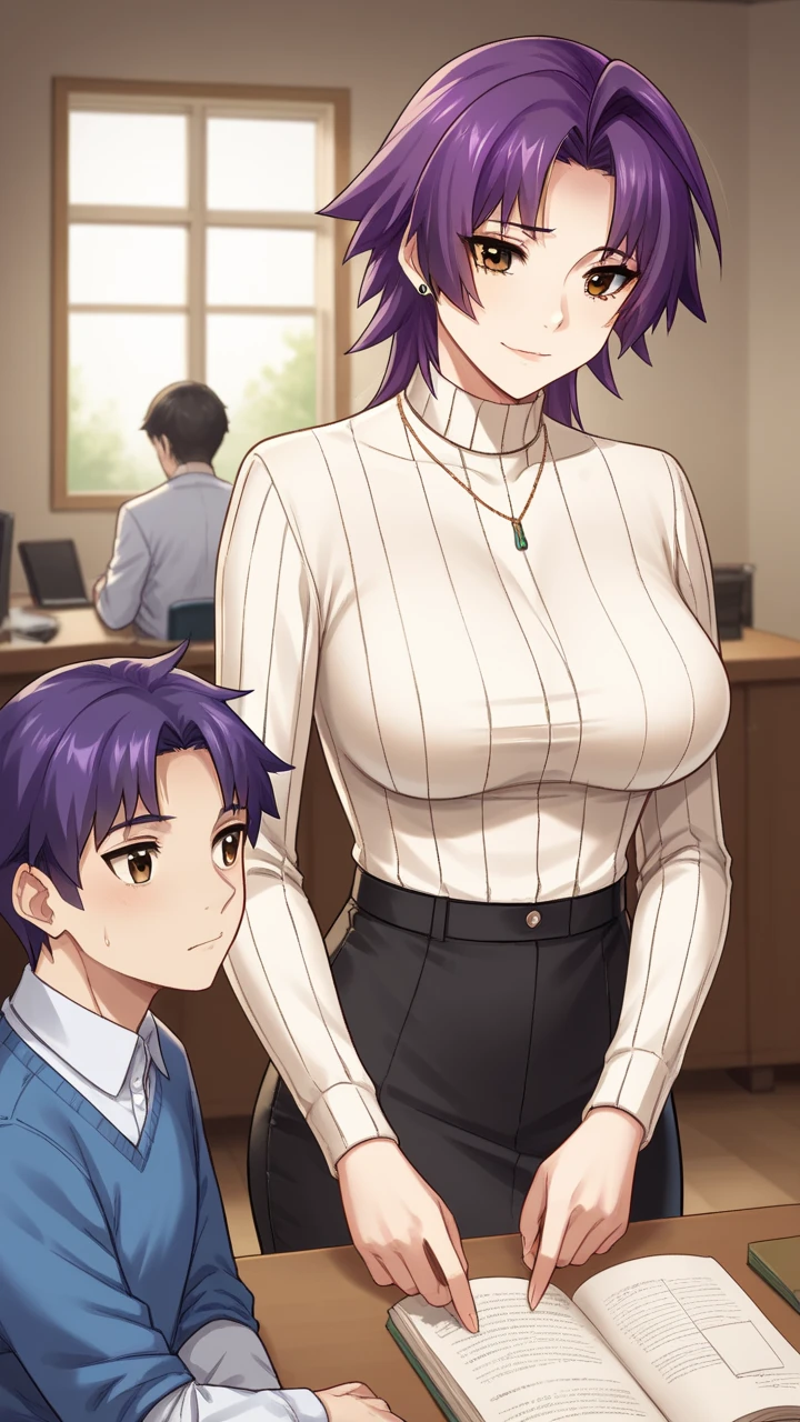  score_9,  score_8_up,  score_7_up,  score_6_up, 1 girl,stupid hair,  purple hair, split bang , medium hair,nice,  big head,  big breasted,Wearing clothes,Big Breasts,45 years old,Teach a young man how to study,gentlemen, inside the house, laughs,tutor,Big breasts