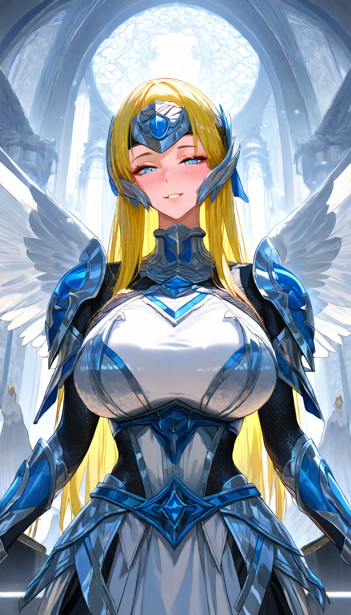 cutesexyrobutts style, 1girl, long_hair, solo, closed_eyes, breasts, wings, angel_wings, dress, head_wings, very_long_hair, armor, large_breasts, cleavage, cloud, angel, hair_over_one_eye, shoulder_armor, low-tied_long_hair
