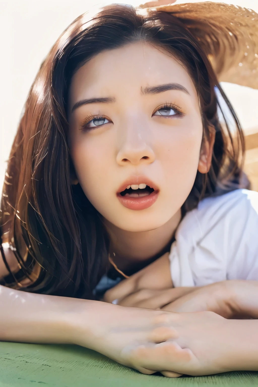 Close-up of face, (She is lying on her back:1.5), ( top quality, masterpiece:1.2), highly detailed , high res, 8k Wallpaper, perfect dynamic composition, Eyes with Attention to Details , summer trend fashion, open mouth, She squints her eyes, (orgasm face:1.5), (Woman with open mouth and narrowed eyes: 1.1), 20 years old, cute Japanese woman, sexy style , Tokyo , camera sexy shot, summer fashion ,Summer clothes, see-through