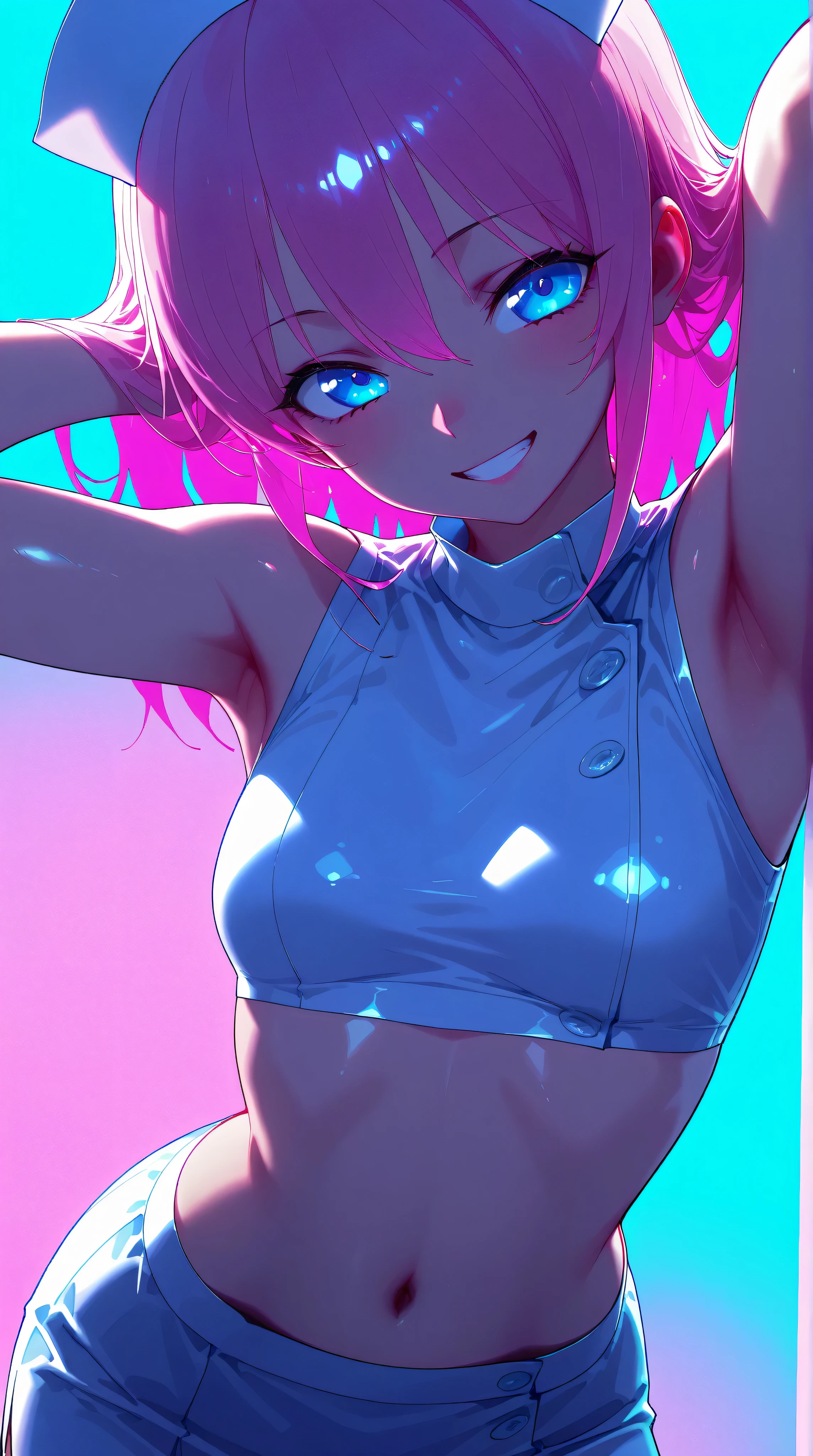 (low lighting), (neon atmosphere), light background, 1 hot girl, blue eyes, grin, gorgeous, hot pink hair, school girl, small breasts, navel, exposing clothes, nurse, armpits, tight body, Kizi,eyes looking off to side, Highly detailed, Amazing work,Vitreous luster, yellows, pinks, blues, Best quality at best,shiny skin, blue background, pink background,
