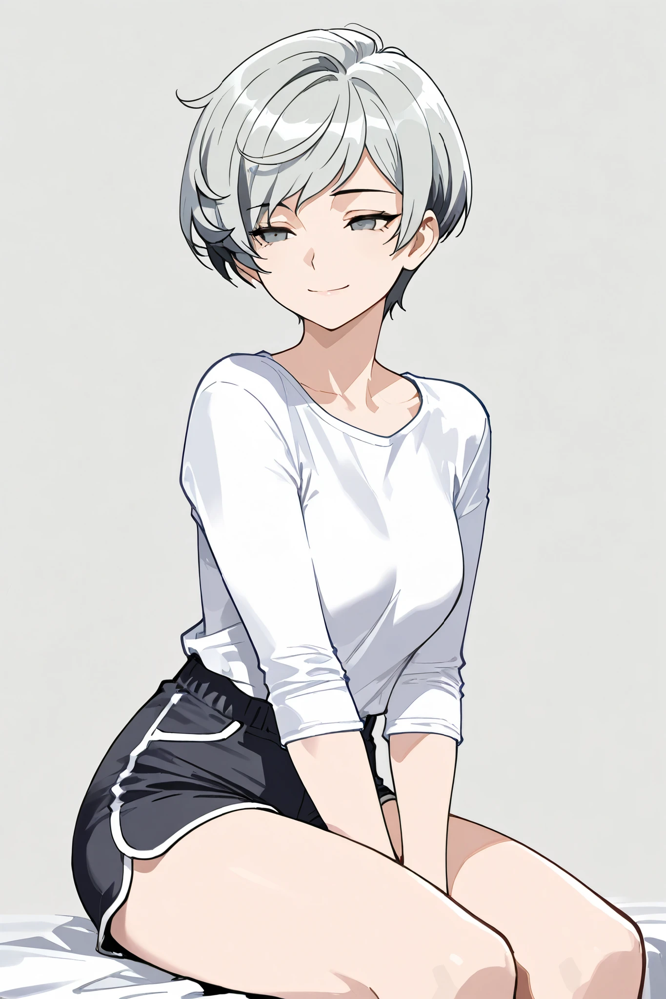 best quality, masterpiece,highest resolution, 1girl, solo, gray hair,pixie cut, expressionless eyes, solitude expression, smile, gray eyes, white shirt, shorts, sitting, gray background, mature