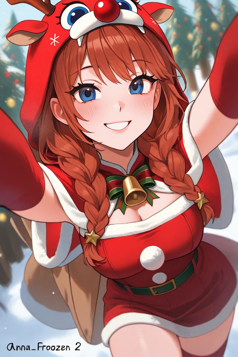 Miku Nakano in a Christmas outfit which is completely red and has fluffy white on the outside. There is a breast holder above the breasts which is free. She has a Santa hat on and has small breasts, looks at the author and in the background there is a decorated Christmas tree